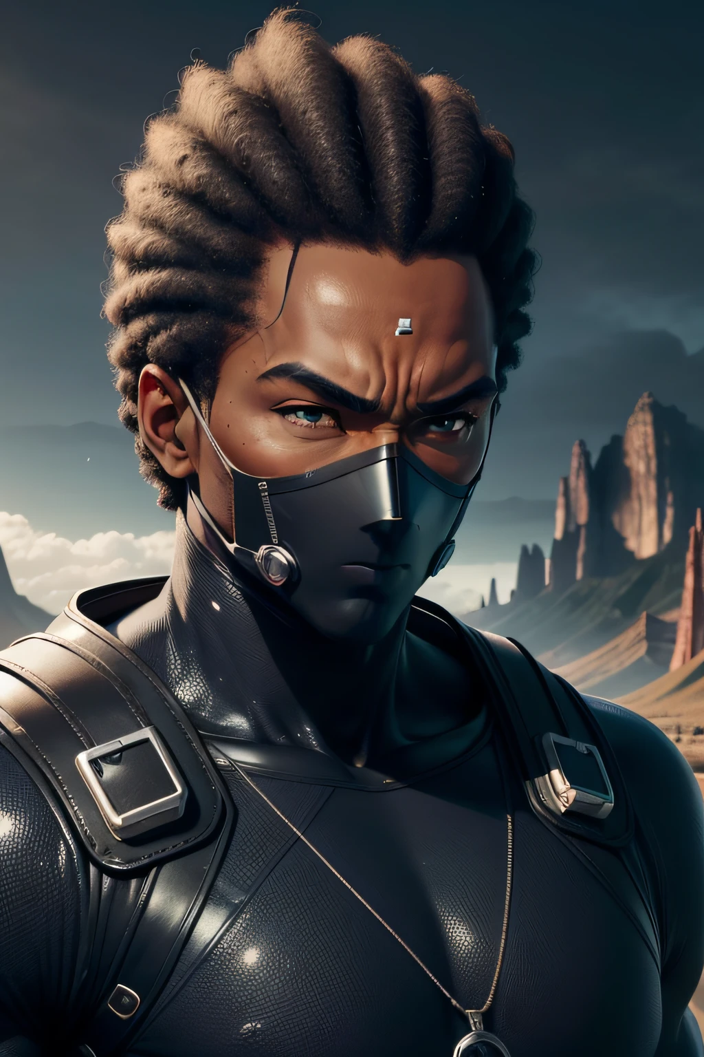 Homem ????? Super Saiyajin, de pele negra, with mask on his face hiding his mouth and nose, using futuristic dark ocúlos, montanhas ao fundo, ☄️ , ⛰️, detalhe realista, estilo realista, (colorido), (cinemactic), (ultra realístic), (Very high detail), ((detailed facial features)), (pele finamente detalhada), (perfect proportion) , (fotorrealista), (melhor qualidade), (8k), Ambiente de montanha de fundo, ☄️, ⛰️