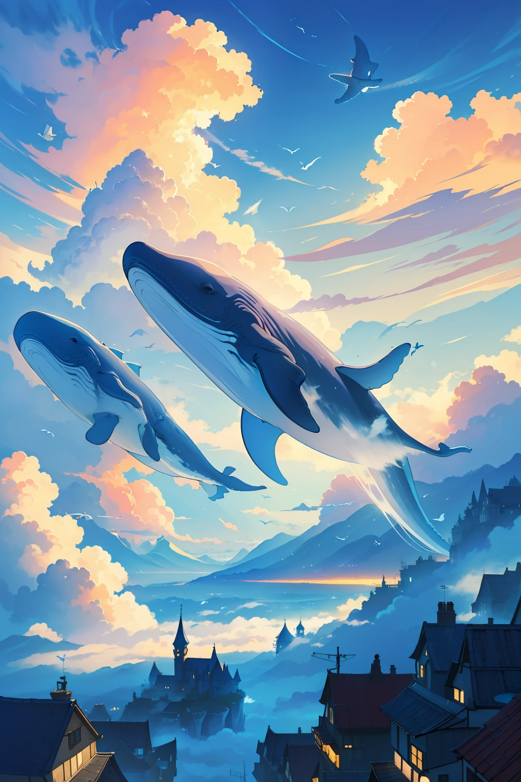 masterpiece, best quality, cinematic lighting, extremely detailed, digital painting, artstation, matte painting, whimsical, surreal, a giant flying whale soaring through a fluffy cloudscape in the blue sky, a vibrant storybook village situated on its back, houses brightly colored, streets winding, high amount of fun visual interest. Villagers happily living and playing throughout the village atop the clouds on the whale's back. The whale looks gentle and friendly, the village seamlessly belonging on its back. Sunlight cascading over the whale and village, the scene dreamlike and fantastical, clouds dense and cotton-soft, 8K resolution ultra-detailed.