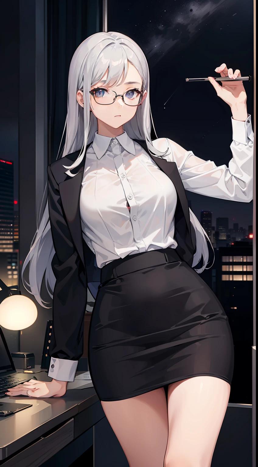 night, office, 1 girl, solo, glasses, white shirt, short black pencil skirt, half body model, long silver hair, moon