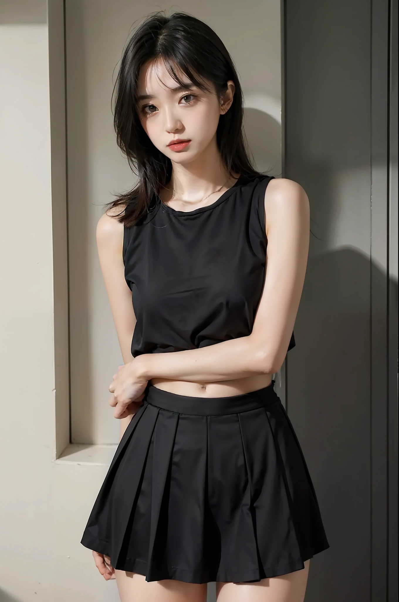 A woman who is，black skirt，Light-colored top