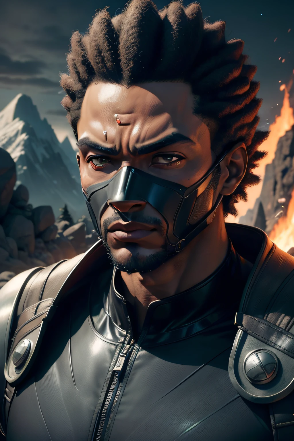 Homem negro Super Saiyajin, de pele negra, with mask on his face hiding his mouth and nose, using futuristic dark ocúlos, montanhas ao fundo, ☄️ , ⛰️, detalhe realista, estilo realista, (colorido), (cinemactic), (ultra realístic), (Very high detail), ((detailed facial features)), (pele finamente detalhada), (perfect proportion) , (fotorrealista), (melhor qualidade), (8k), Ambiente de montanha de fundo, ☄️, ⛰️