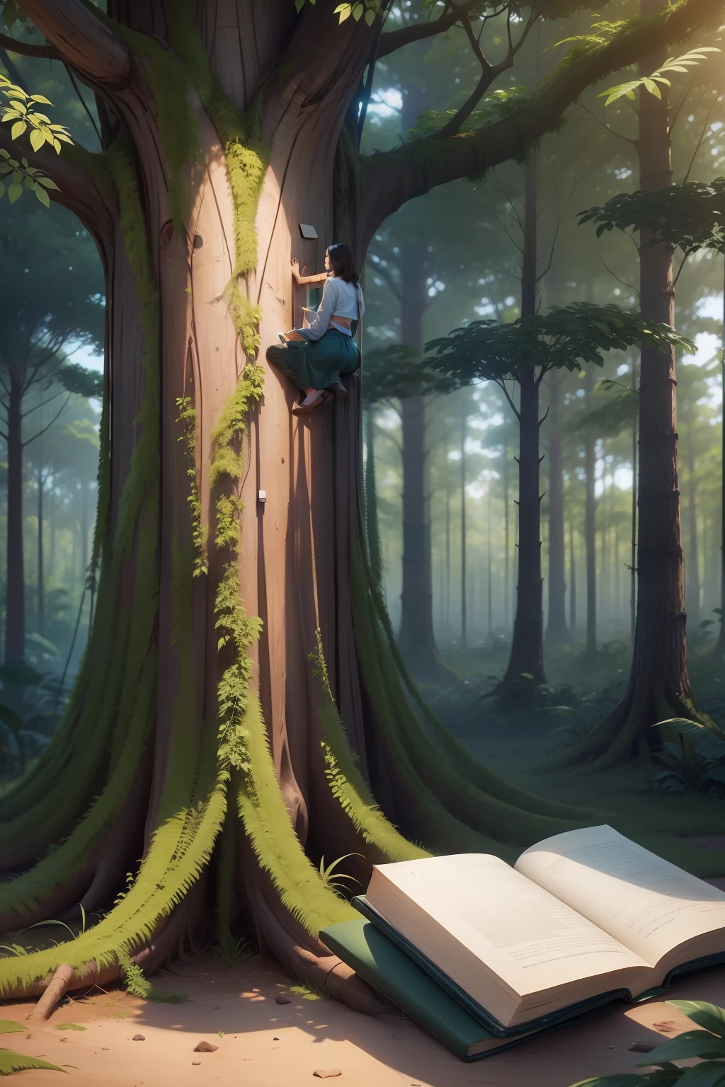 quero um livro, vemelho, na natureza, devorando uma arvore