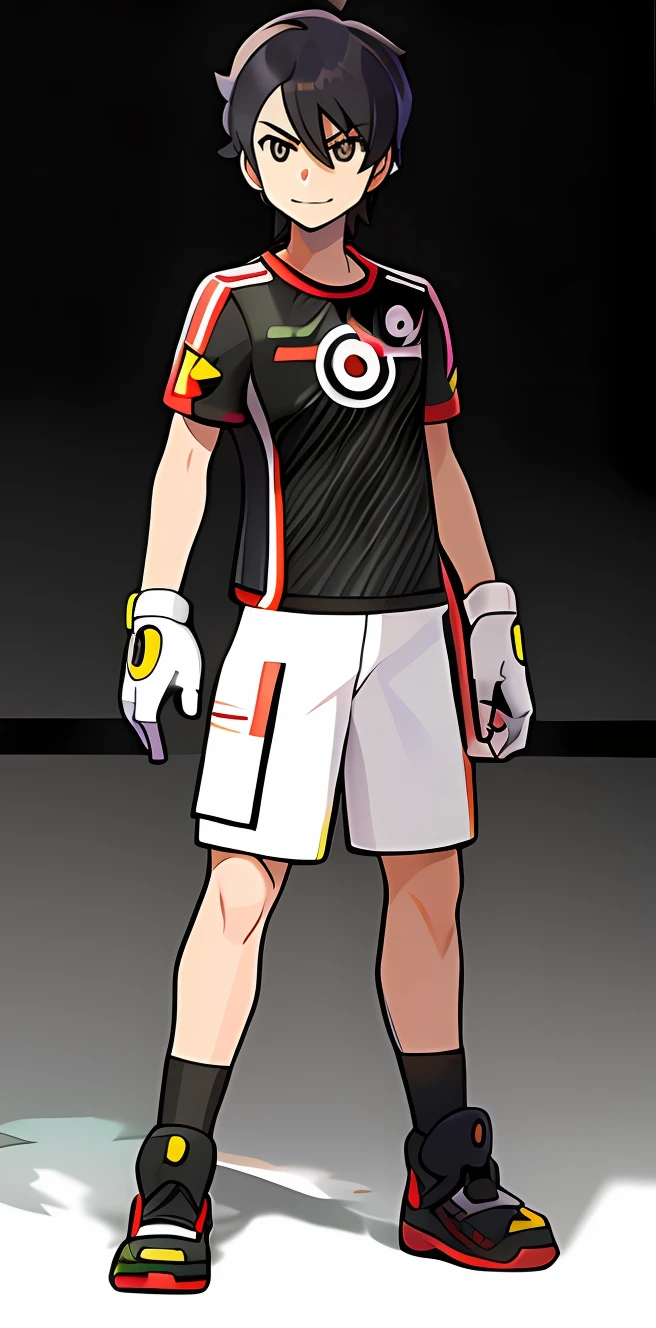 sugimori ken \(Style\), Libido boy, Dark eyes, Black hair, White shorts, track suit, Creatures \(co\), Band Dana Max, game freak, Gloria (Pokemon), mitts, A high resolution, Legs, view the viewer, Nintendo, offcial art, Pokemon, Pokemon \(gaming console\), Pokemon SWSH, Light smile, sugimori ken, tart \(Illustrator\), Thighs, Stand next to Pokemon \(organism\)