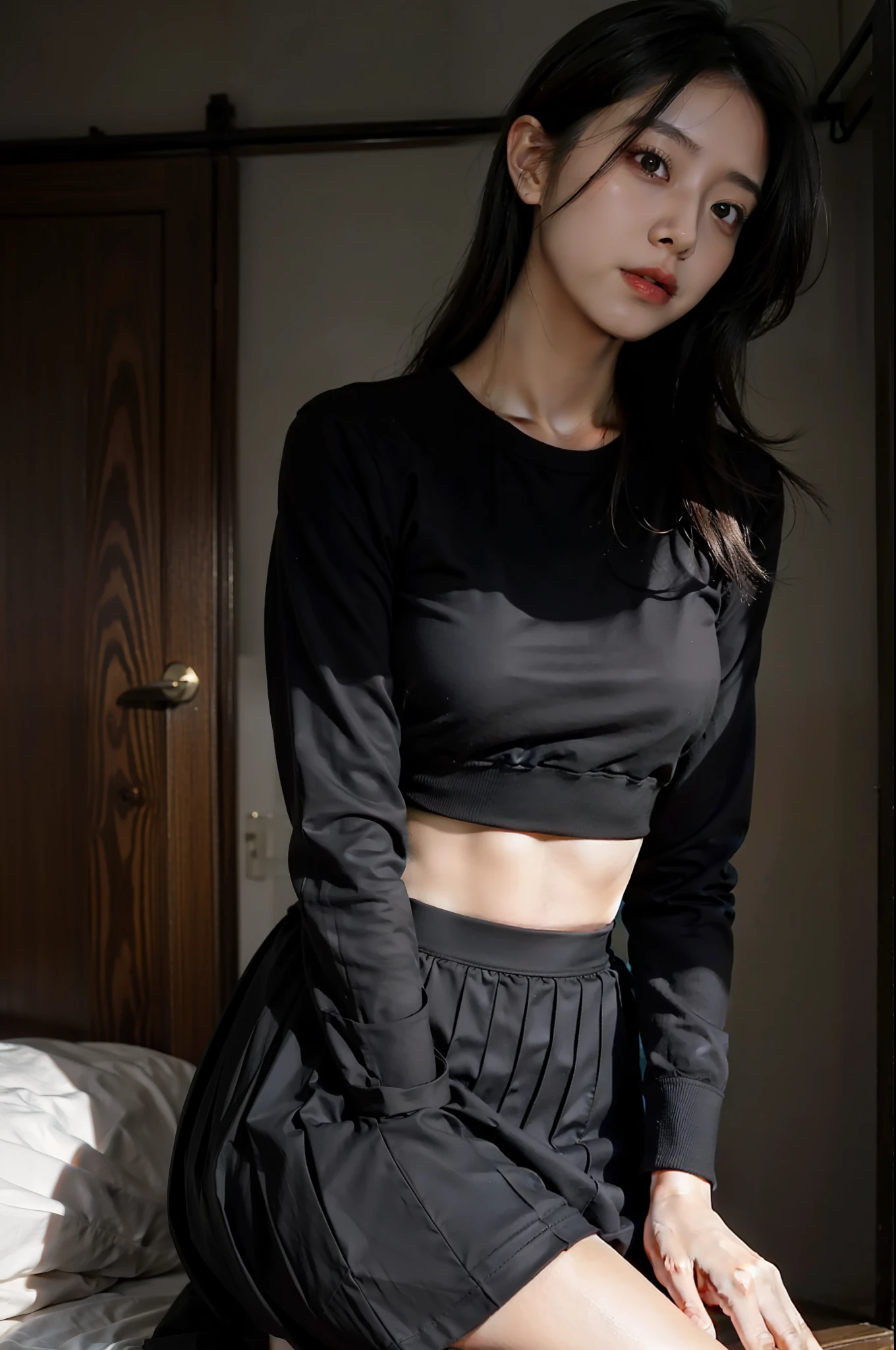 A woman who is,black skirt,Light-colored top
