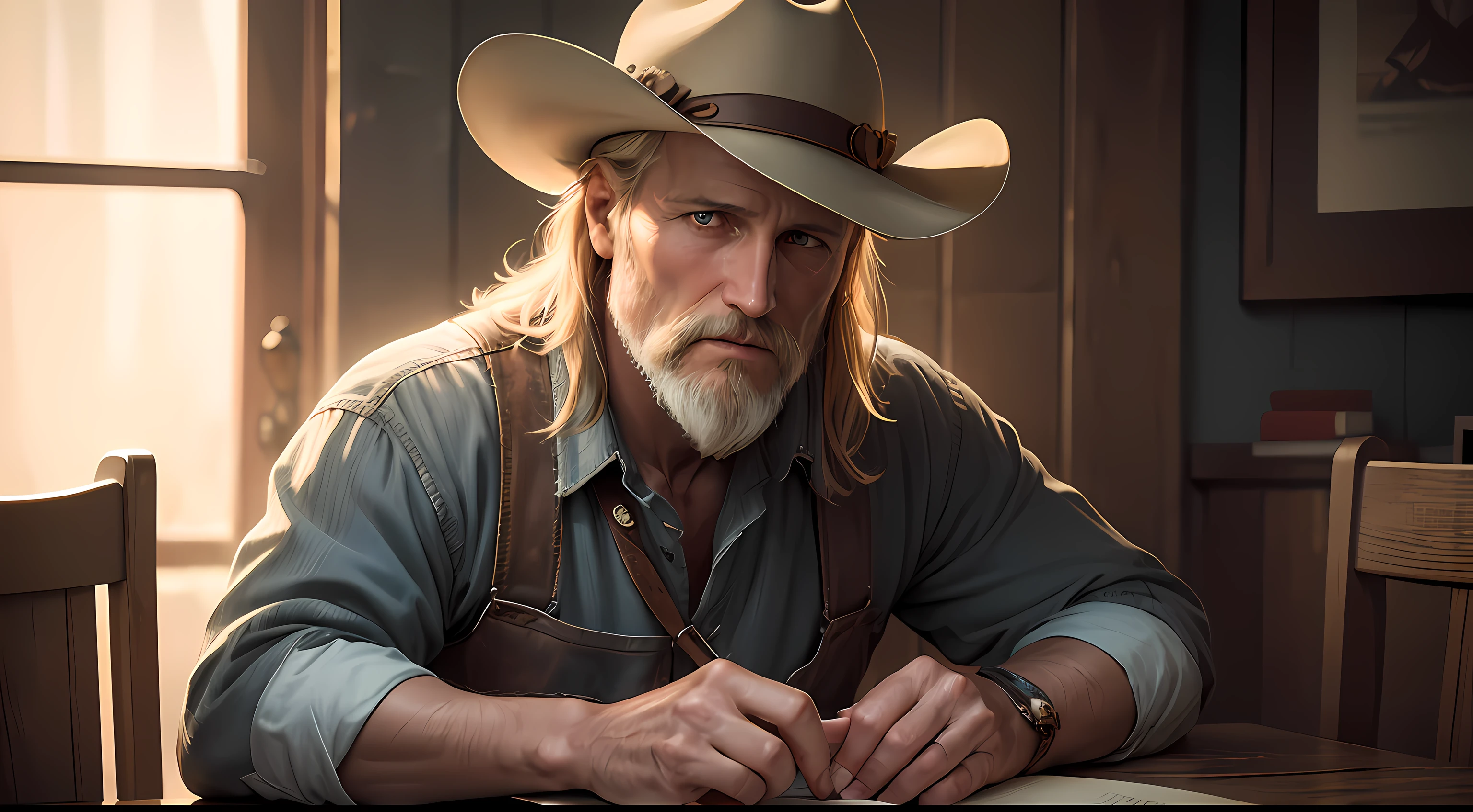 masterpiece, Man, cowboy, Woody Harrelson, cheerful, 50 years old appearance, medium length hair, white beard, cowboy clothes, black color hat, (high detail: 1 1), rough face, natural skin, high quality, nsfw, beautiful eyes, (detailed face and eyes), sitting in a chair, behind a wooden table with a book in her hands, dimly lit location (face: 1 2), noise, extra, real photo, PSD , lamp film photography, detailed skin, 8k high resolution, realistic, professional photography, 8k UHD, SLR camera, soft lighting, high quality, film grain, Fujifilm XT3 --auto