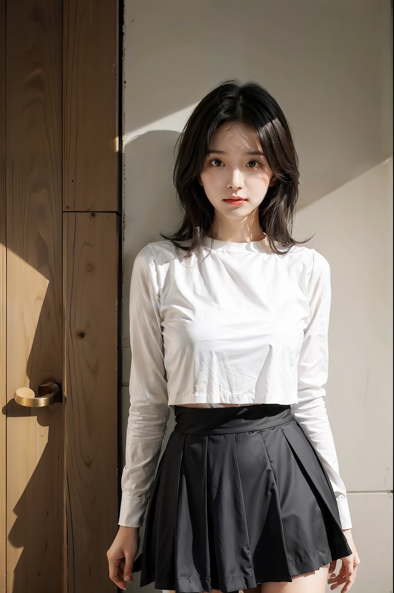 A woman who is，black skirt，Light-colored top