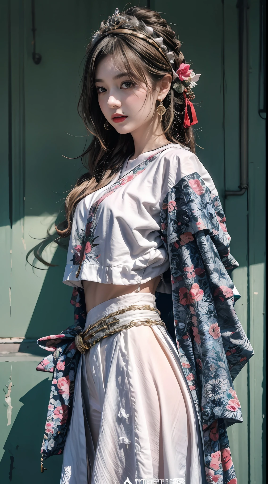 Royal Sister Girl,Artistic photo style,Color contrast is outstanding,fully body photo,Third Person View,Trendy clothing,fashion illustration,Lace headband, Costume details,Light and shadow in detail,tmasterpiece,best qualtiy,super detailing,Works of masters