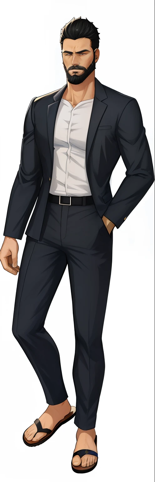 Cartoon image of man in sandals, , full body close-up shot, 「There is a police station in front of Kamei Park」Bad cop Kang Tongjin, Short black hair, Beard, Strong