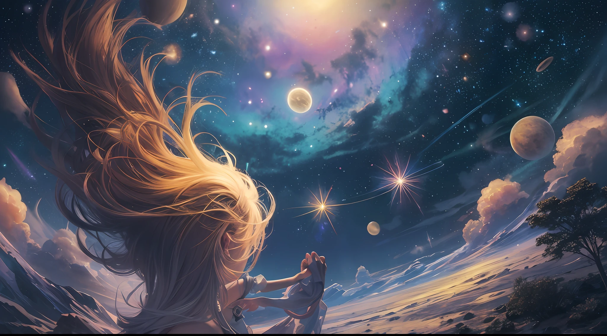 ((Best Quality)), ((Masterpiece)), (Very Detailed: 1.3), 1girk, starting at stars, starry sky, galaxies, bright night