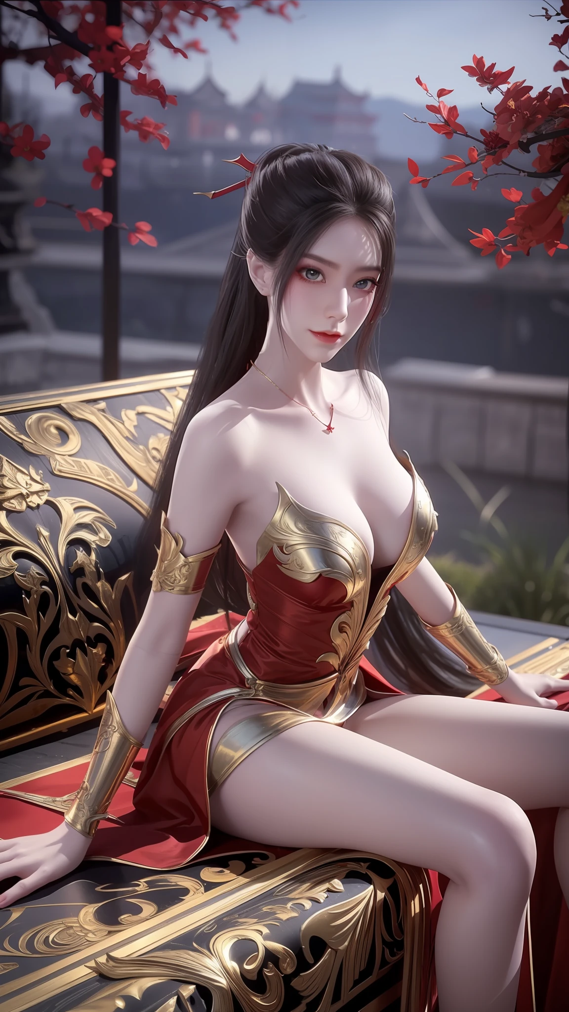 Arad woman in a red dress sitting on a dock by the lake, a photorealistic painting inspired by Du Qiong, Trend of CGsociety, Fantasy art, lady in red armor, wearing gilded red robes, beautiful and seductive anime woman, succubus in tight kilt, wearing gilded red royal robes, silver armor and red clothing, fantasyoutfit