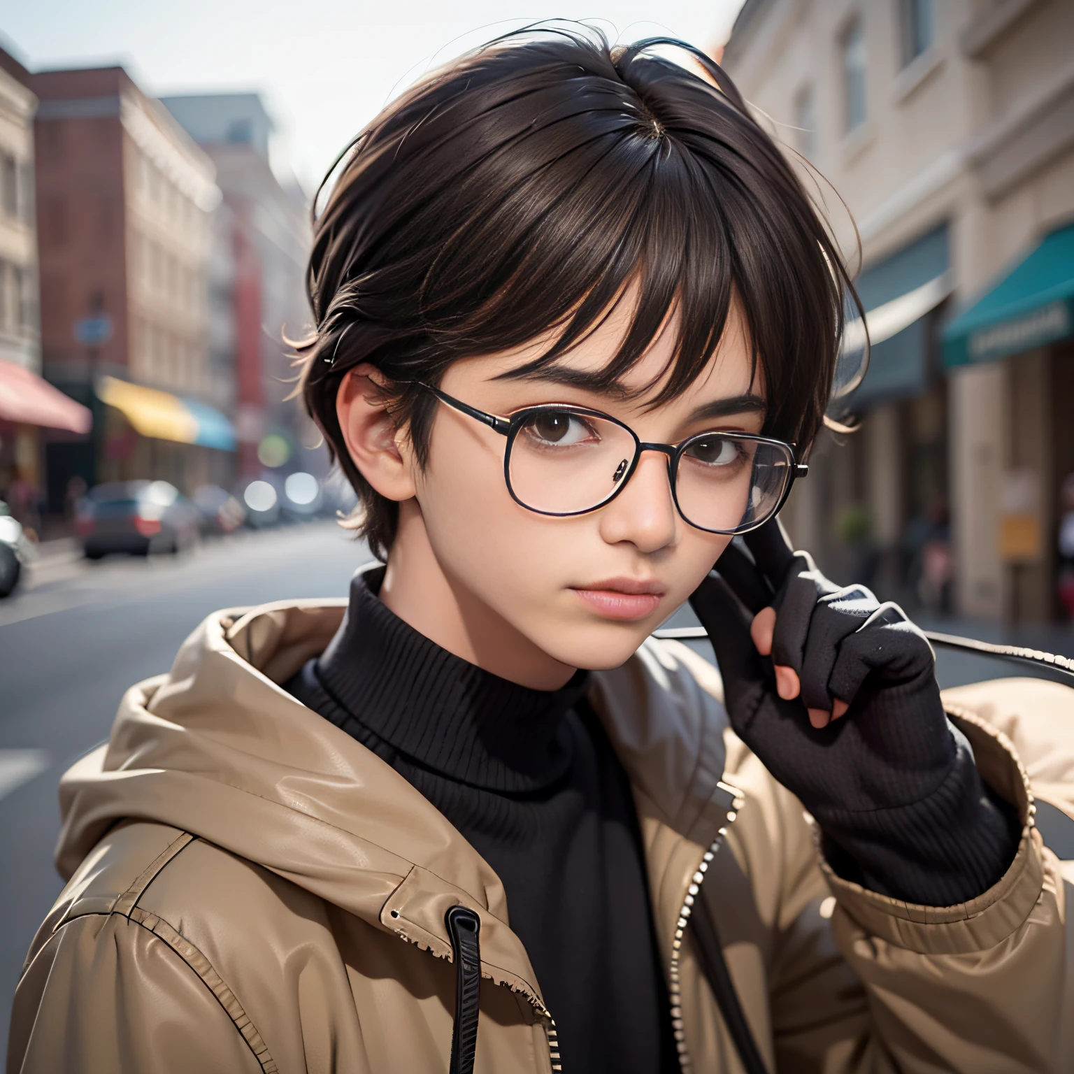 1boy,black glasses,solo,black hair,brown eyes,brown hair,small hair,looking at viewer,cartoon portrait