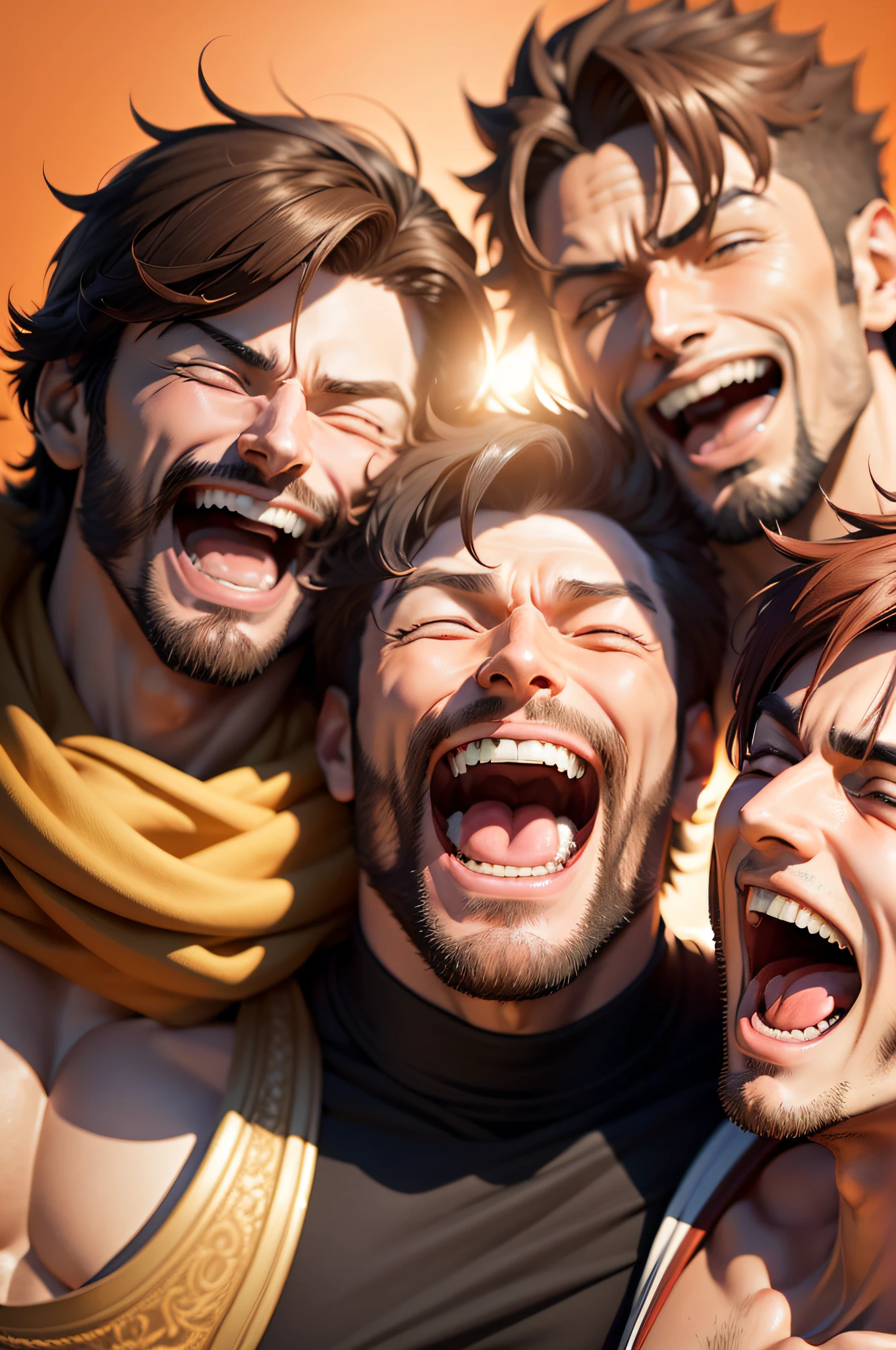 A detailed image of a group of men in anime format laughing and happy, 3D vector art, 4K resolution, photorealistic rendering, rich colors, using Cinema 4D.