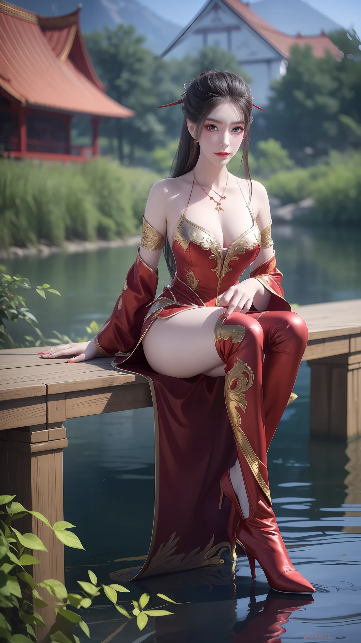 Arad woman in a red dress sitting on a dock by the lake, a photorealistic painting inspired by Du Qiong, Trend of CGsociety, Fantasy art, lady in red armor, wearing gilded red robes, beautiful and seductive anime woman, succubus in tight kilt, wearing gilded red royal robes, silver armor and red clothing, fantasyoutfit