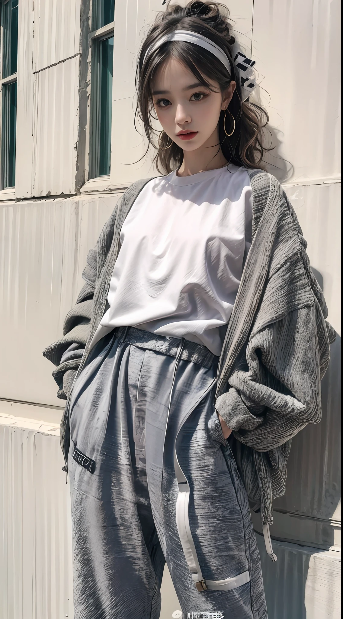 Kizi,Artistic photo style,Color contrast is outstanding,fully body photo,Third Person View,Trendy streetwear,fashion illustration,Lace headband, Clothing details,Light and shadow in detail,tmasterpiece,best qualtiy,super detailing,Works of masters