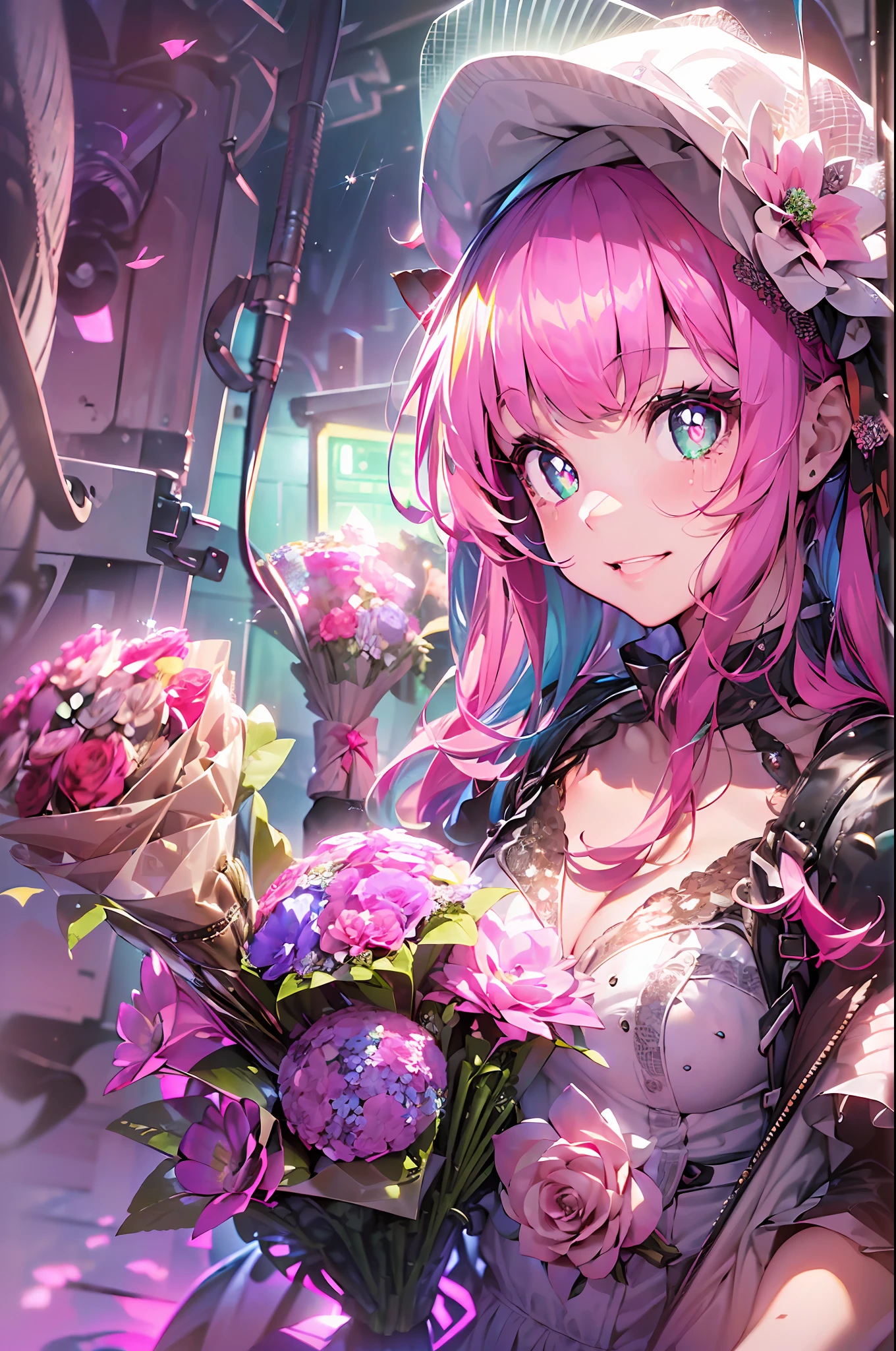 Steampunk style:2.gear、Steam engines、(hand over a bouquet:2)((masutepiece))),((ultra-detailliert,Best Quality, hight resolution)), (1 girl)((Pink hair, Long hair,Straight hair,two side up)) (Green eyes),eyeshadows, eye line,gloweyes, ultradetailed eyes, intricate eyes, Beautiful eyes, ((Glowing pink pupils))18-year-old girl、frilld.Smile .Hourglass background、Big hourglass.((High contrast RGB effect, LED effect, Kaleidoscope effect, Shining Effect, Ripple Effect, Glitter RGB effect)) (Black background: 1.5)A smile