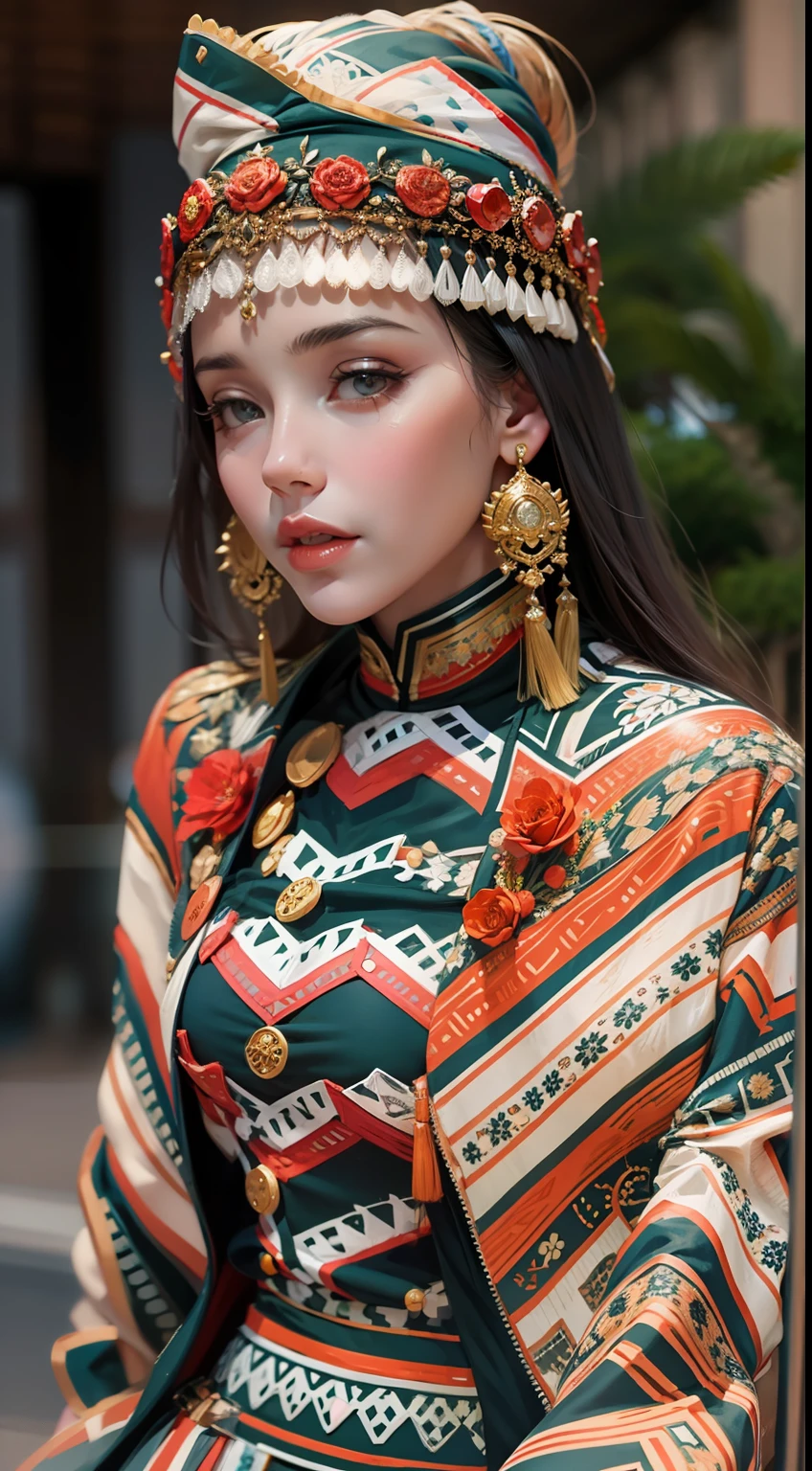 Beautiful woman in intricate Bold and Chevron Outfit