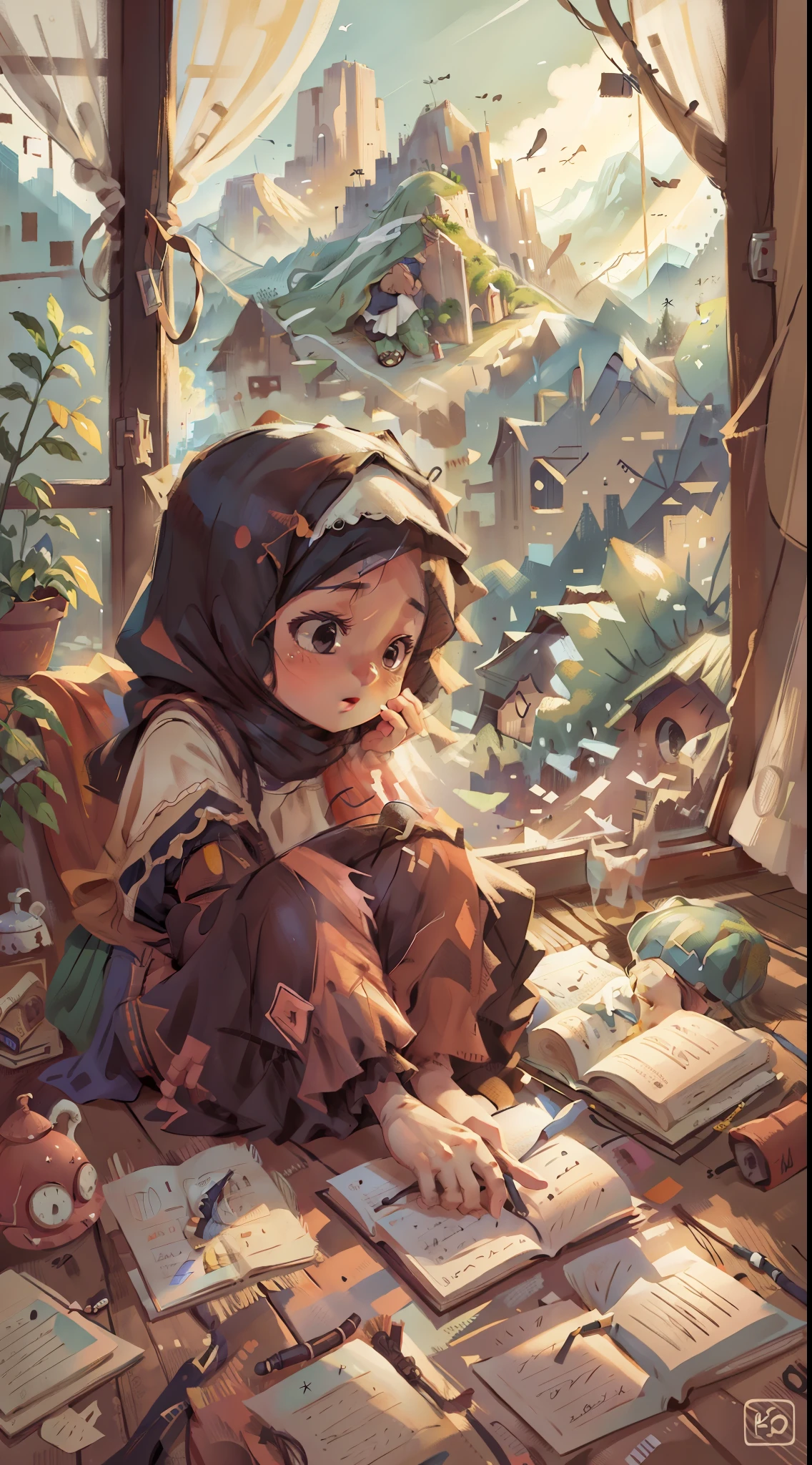 Hijab girl study at her bedroom, happy, big window show a hill and mountain, nature