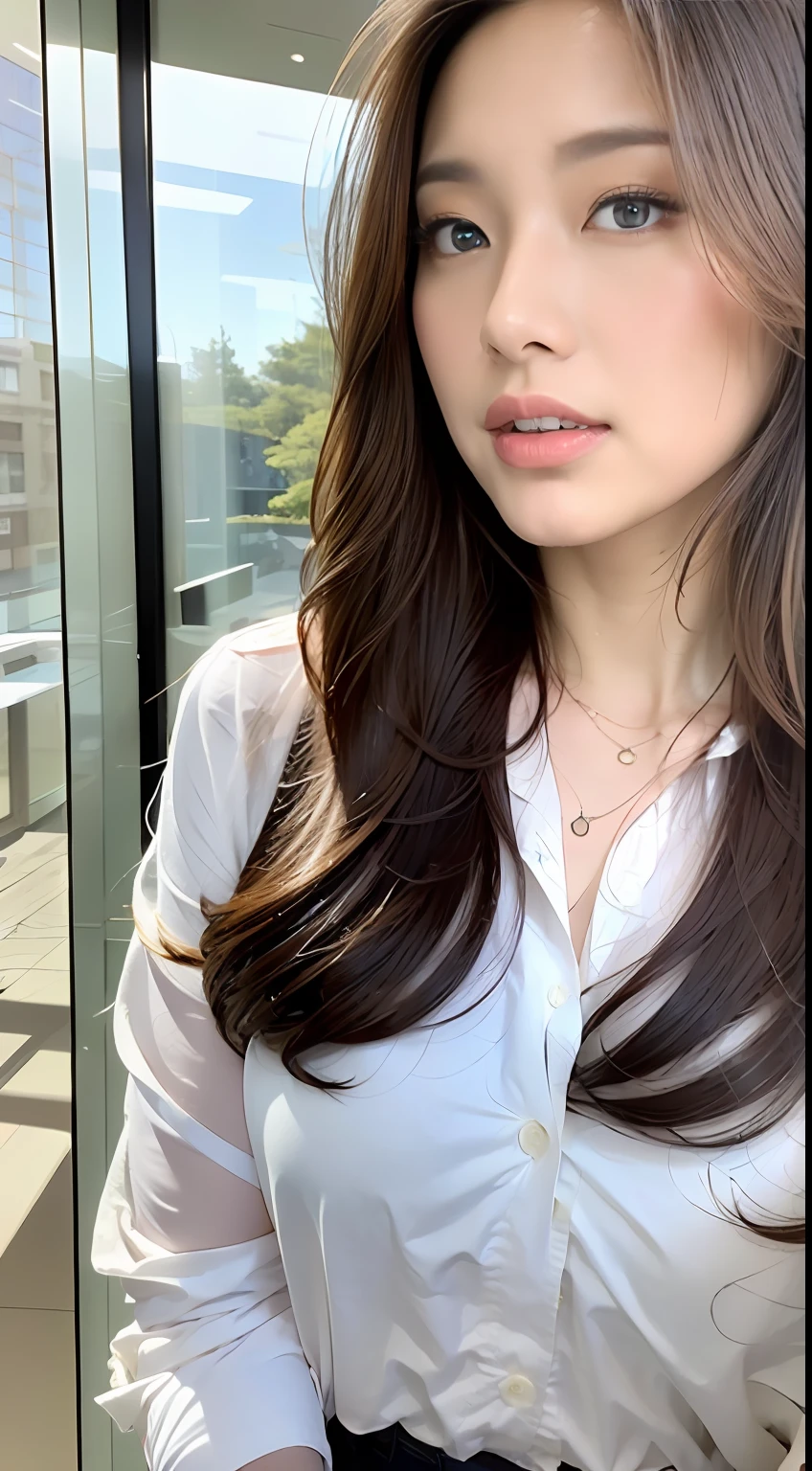 - [ ] photorealistic:1.37, masterpiece, best quality, raw photo, absurdres, uhd, 1girl, wavy hair, brown hair, seductive , looking at viewer, in the large meeting room of the office in the high tower office building in  Tokyo ,Tokyo tower,intricate detail, detailed background, detailed skin, pore, highres, hdr , presentation to ten men , beautiful model, soft light to the face,JP_MODELS,white shirts uniform , midium breasts, a 30 yo woman