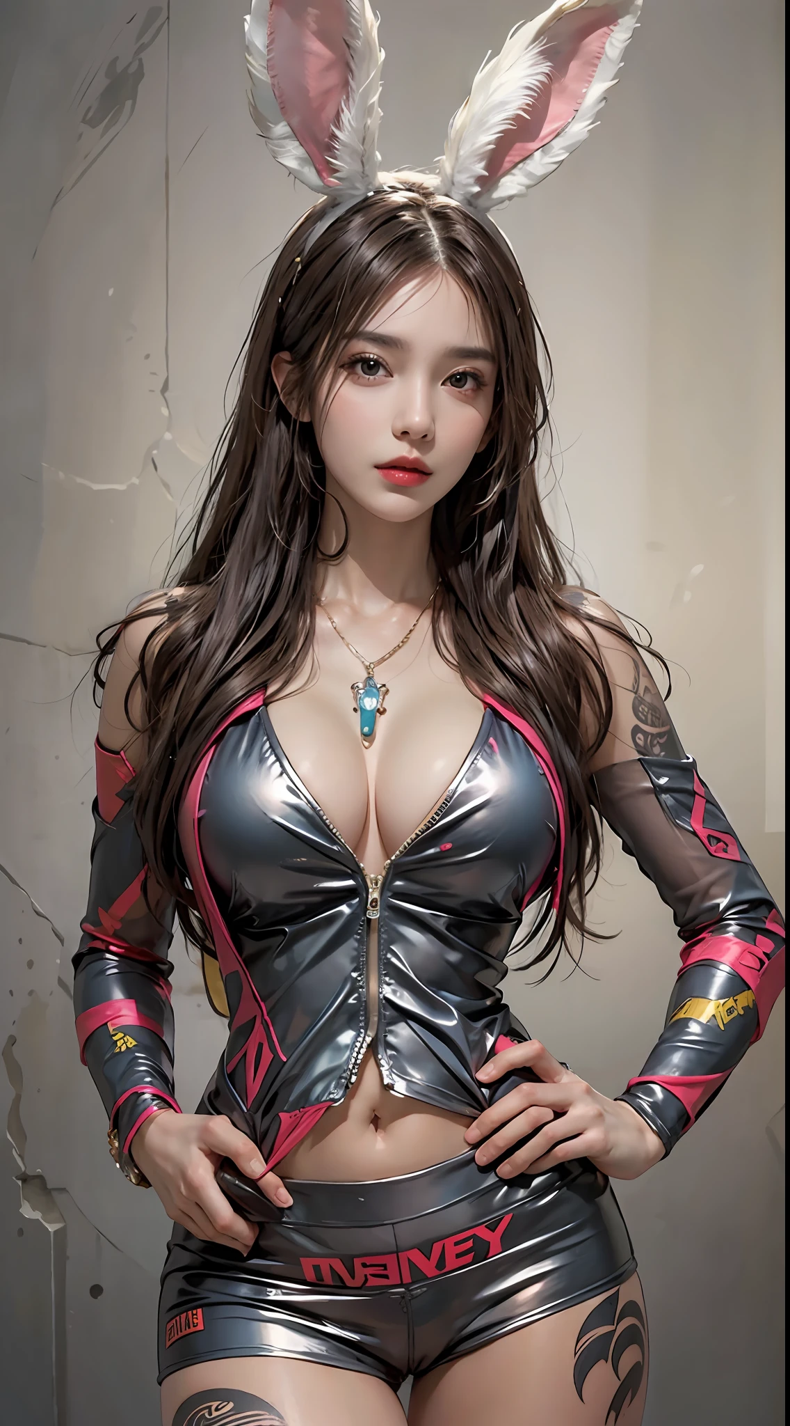 photorealistic, high resolution, 1women, solo, hips up, look at viewer, (detailed face), long hair, playboy bunny suit, wearing bunny outfit, tattoo, jewelry
