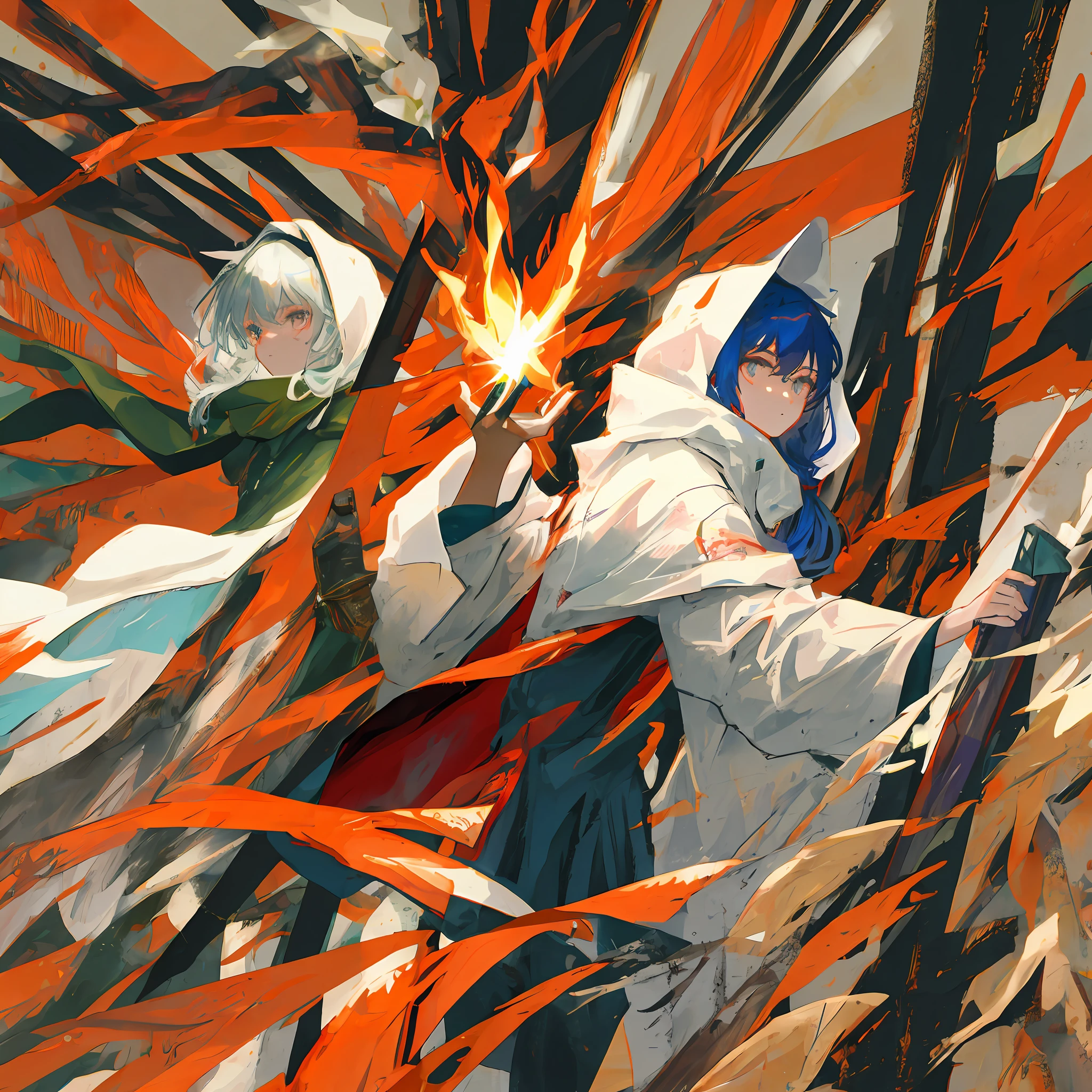 废墟，cloaks，long whitr hair，ember，Long knives