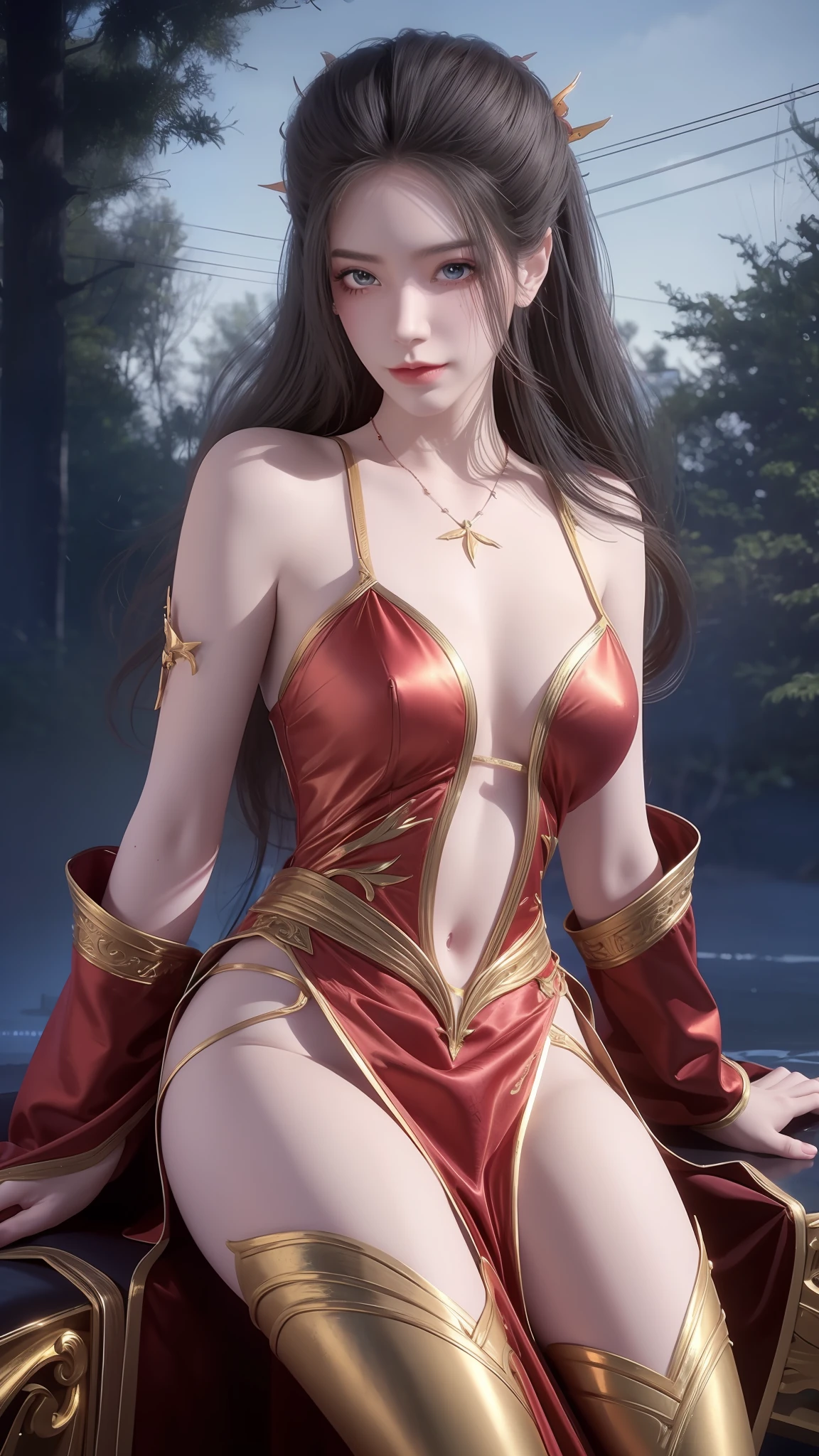 The Araved woman in a red dress sits on a red bench by the water, a photorealistic painting inspired by Magali Villeneuve, cgsociety contest winner, Fantasy art, wearing gilded red robes, lady in red armor, wearing gilded red royal robes, Gorgeous Role Play, scarlet witch costume, wearing red sorcerer's robes, Red robe, aly fell and artgerm