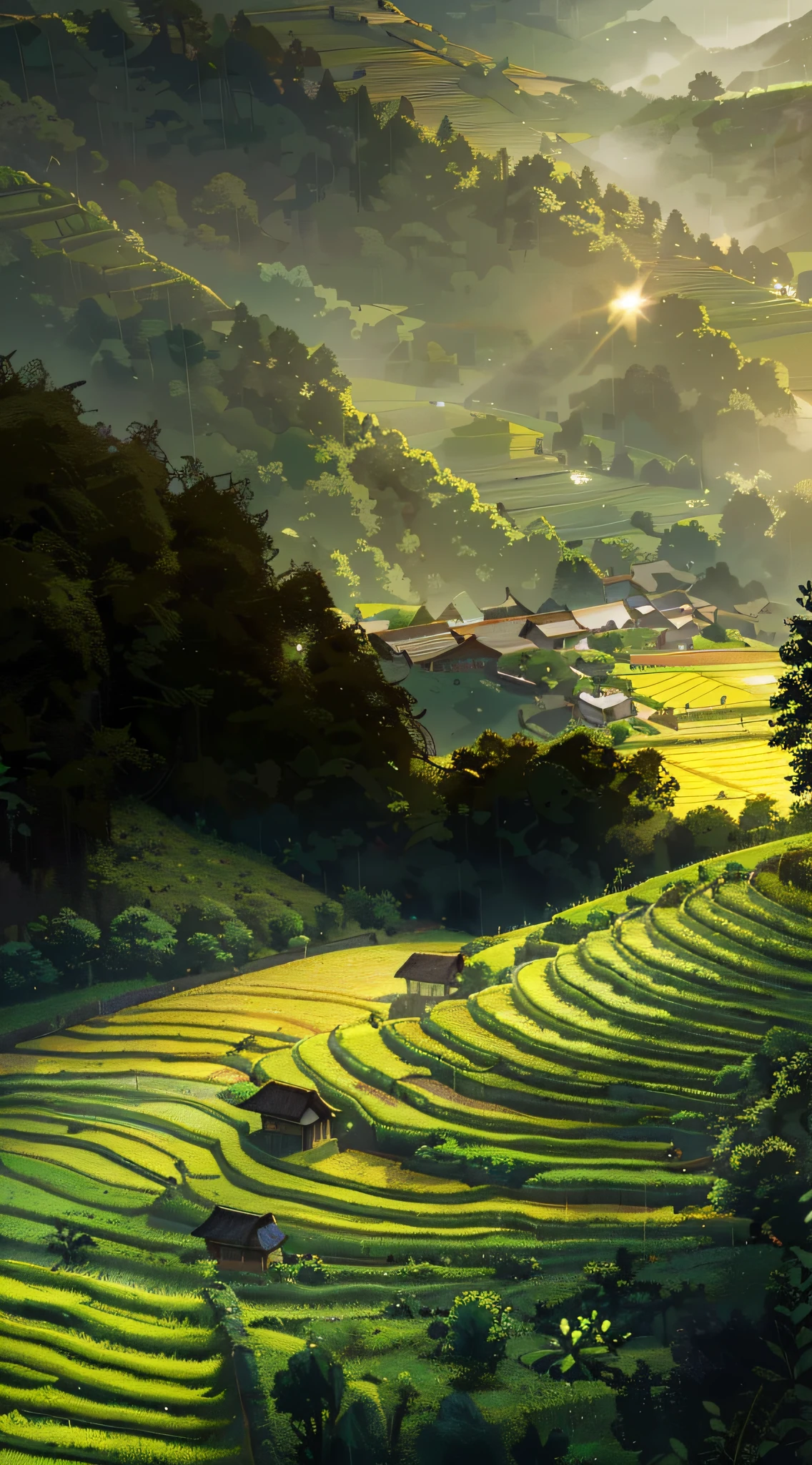 Large expanses of terraced fields, mountains, huts, with rice fields, rice fields, neat rice seedlings in the fields, misty rain, villages, agriculture, in the tranquil landscape, misty weather, in the vast tranquil landscape, in the early morning, in the morning mist, behind a small village, mist, Japanese countryside, thatched roofs --v 6