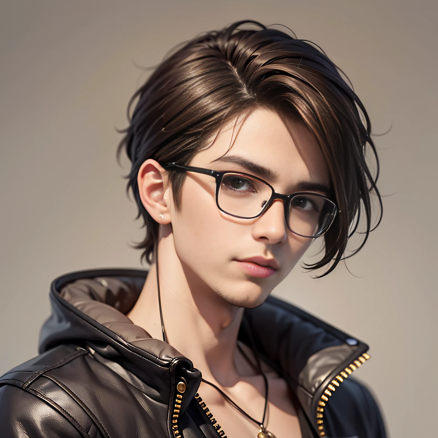 1boy,black glasses,solo,black hair,brown eyes,brown hair,Fauxhawk hair,looking at viewer,cartoon portrait