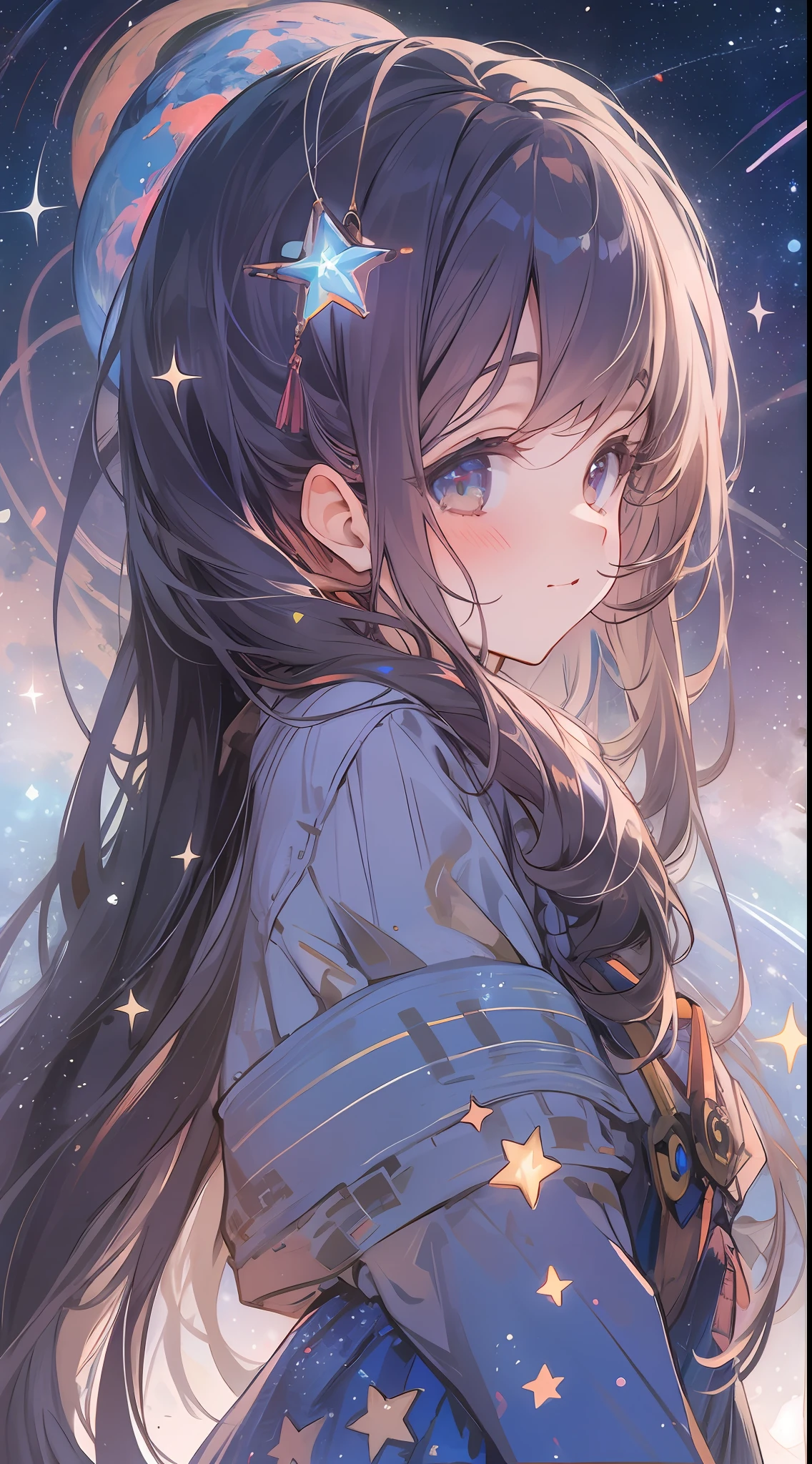 1girl, long hair, looking at the sky, starry sky, stars, bright night, galaxies, planets