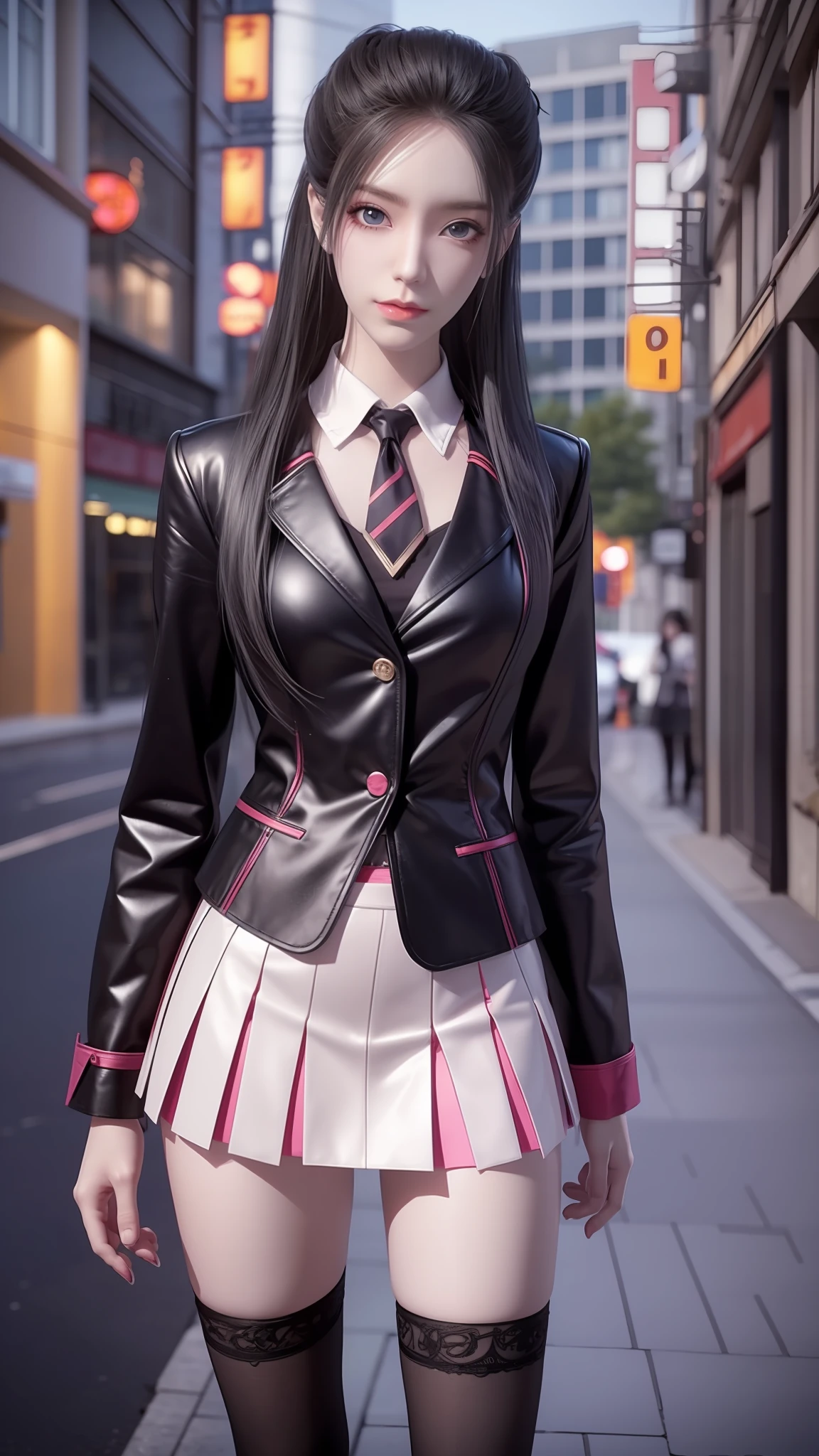 there is a woman in a skirt and a jacket posing for a picture, Surrealism female students, Surrealism female students, Realistic schoolgirl, thighhighs and skirt, photorealistic anime girl rendering, 3 d anime realistic, Smooth anime CG art, photorealistic full body, Photorealistic anime, Realistic anime 3 D style, photorealistic perfect body, wearing skirt and high socks