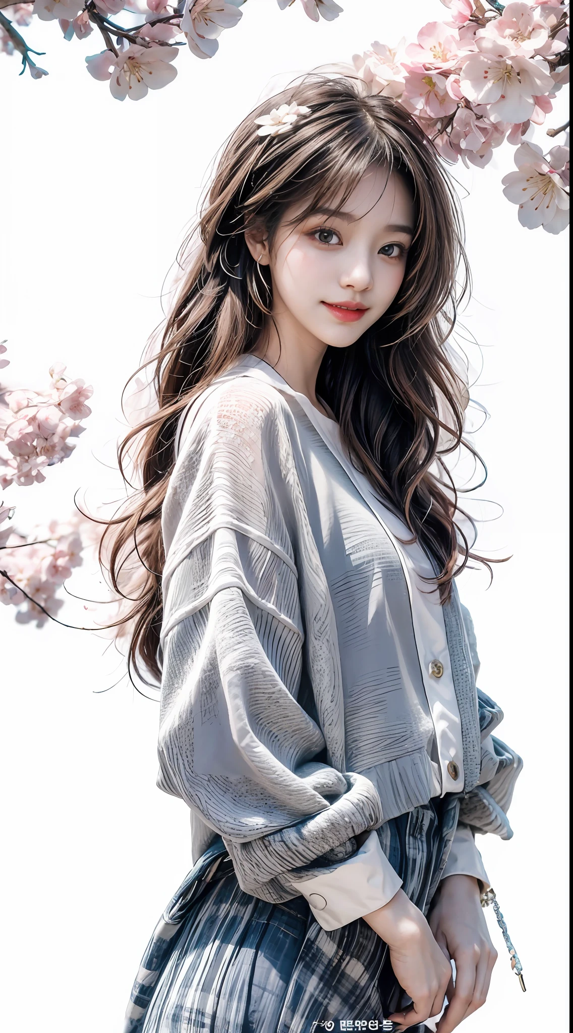 Girl under the cherry blossom tree，Young fashion trend girl，with a pure white background，ssmile，self-assured，Sunny light and shadow，Artistic photo style，Trend illustration，The background reflects the Korean atmosphere