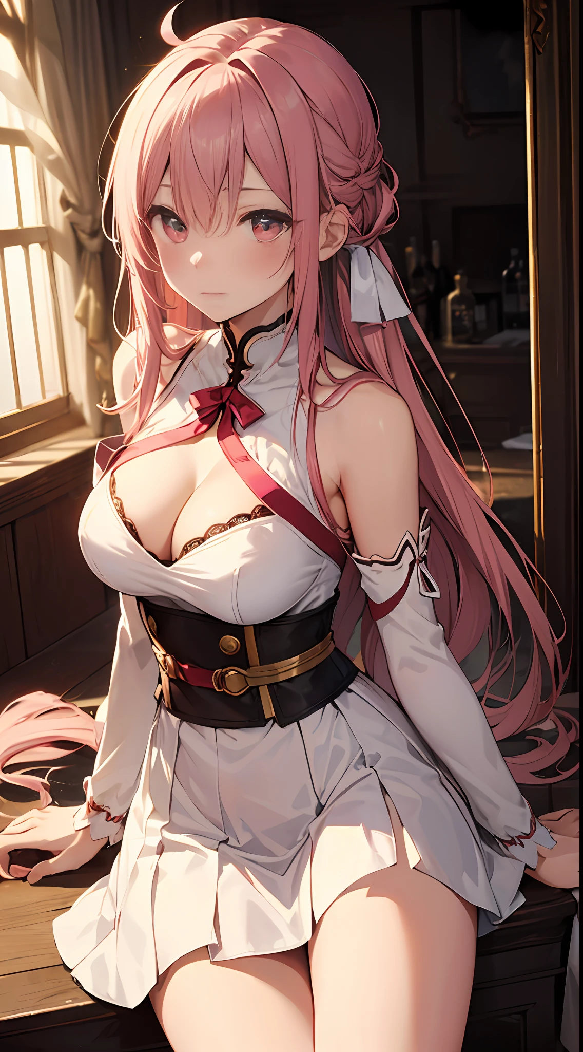 A masterpiece of literary text、best qulity、Asuna\(stars\)、1girls、armature、bare shoulder、blushed、breastplate、Pink eyes、Pink hair、Luxurious dresses、short skirt、Lambent Light、slong hair、Watch your audience、Golden Ribbon、ribbons、scabbard、White dress　ponytails　Hairy hair　Castle room　Room with atmosphere
