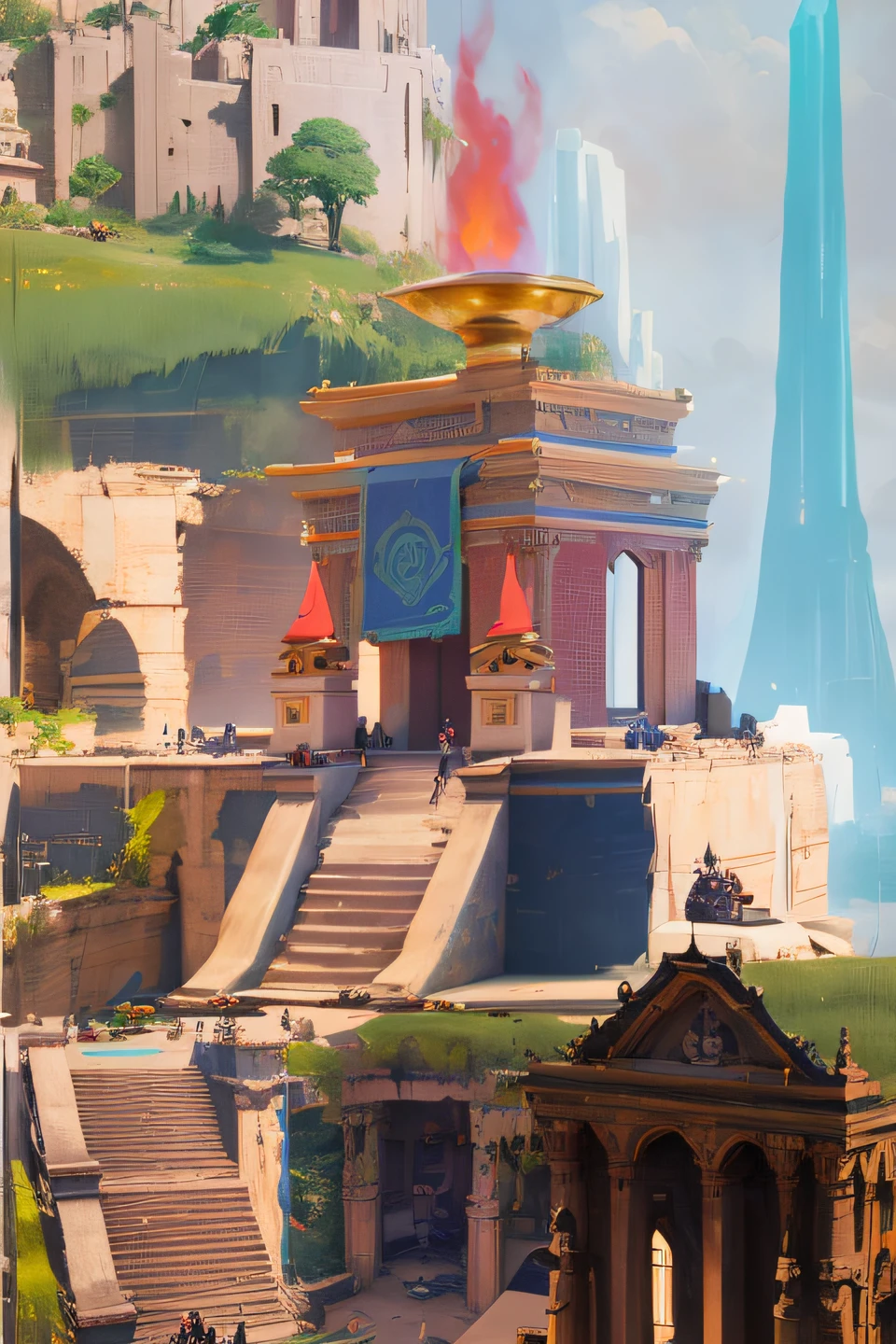 There is a picture of the building，There is a clock on it, Stylized concept art, matte painting arcane dota pixar, Riot game concept art, ornate border + concept-art, painted as a game concept art, arena background, colorful warcraft architecture, Rosla global lighting, painterly concept art, arte de fundo, concept art style, Temple background