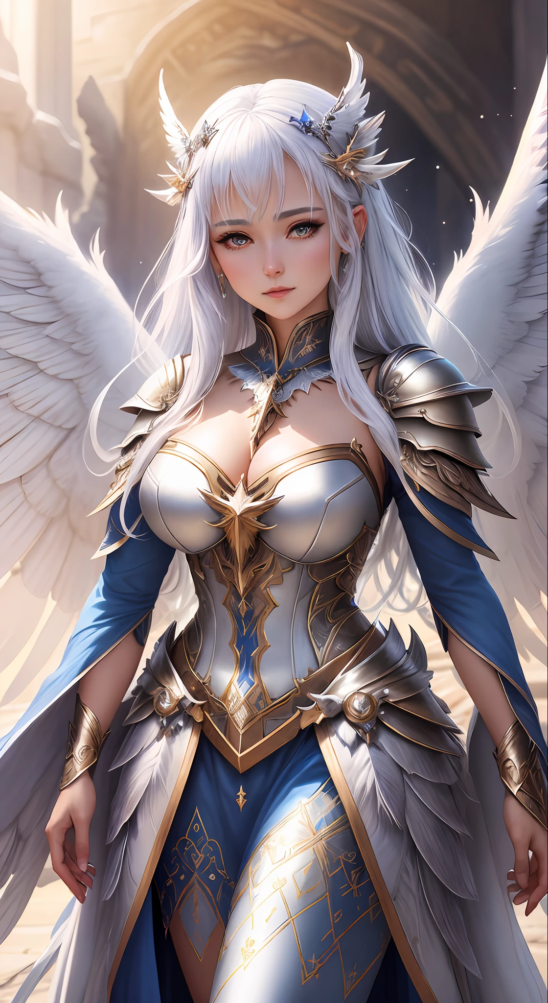 Close-up of a woman in a dress with wings, Beautiful celestial mage, clothed in ethereal armor, as a mystical valkyrie, astral witch clothes, White-haired god, beautiful female witch, fantasyoutfit, Extremely detailed Artgerm, epic exquisite character art, Epic fantasy art style HD, Fantasy art style, beautiful female witch, Beautiful age girl