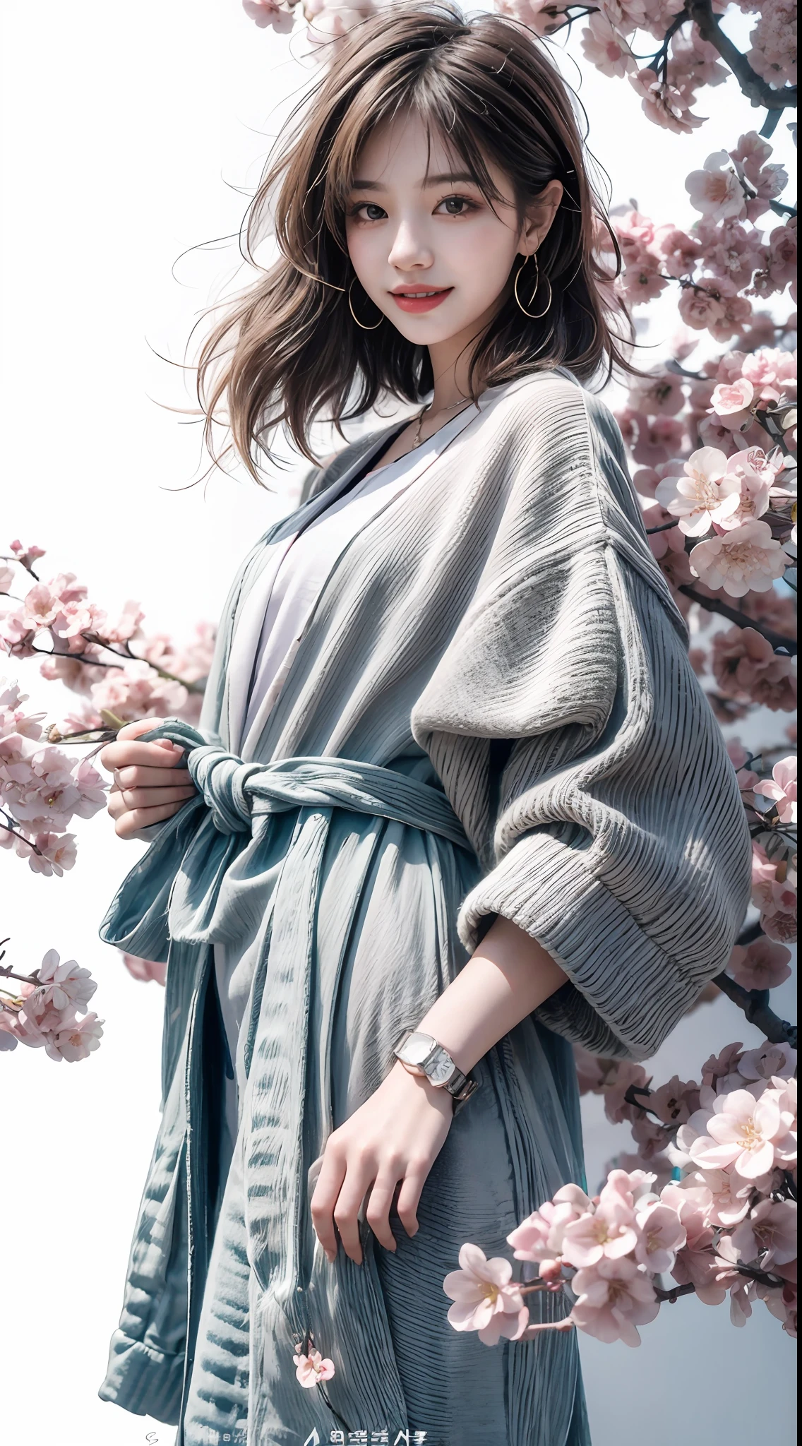 Girl under the cherry blossom tree,Young fashion trend girl,with a pure white background,ssmile,self-assured,Sunny light and shadow,Artistic photo style,Trend illustration,The background reflects the Korean atmosphere