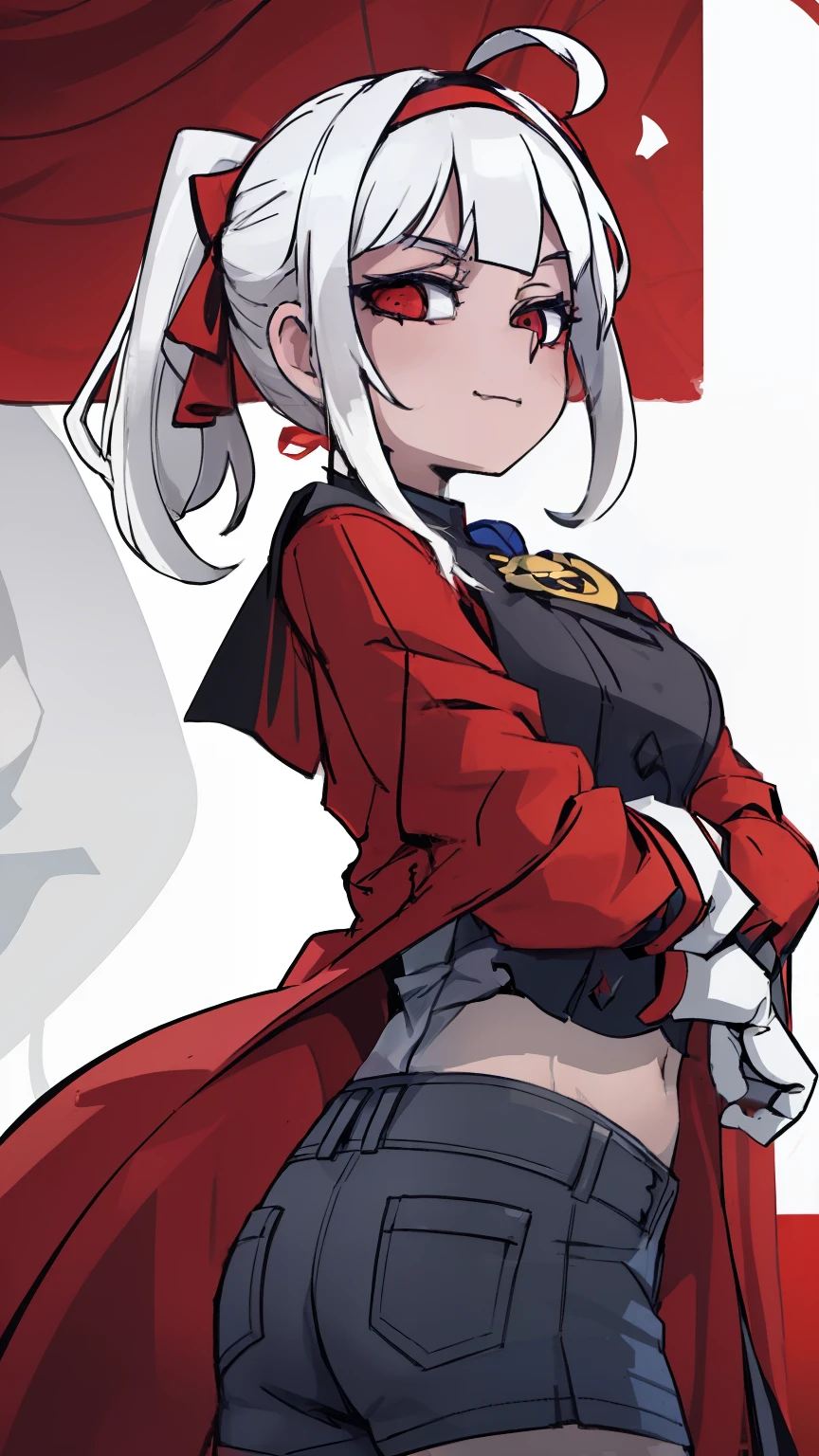 (((masterpiece))),(((bestquality))),((ultra-detailed)),(illustration),((anextremelydelicateandbeautiful)),dynamicangle,floating,(beautifuldetailedeyes),(detailedlight) (1girl), solo , floating_hair, eris greyrat, 1girl, ahoge, By bangs, cropped shoulders, redhairband, denim short, Keep one's mouth shut, Clothing cutting,Red coat, White color blouse, shairband, short detailed hair, longer sleeves, looking at viewert, Black eyes,White hair,Shoulders exposed,simple backgound,A high resolution,haaam,mushoku tensei,revealing her belly,pony tails