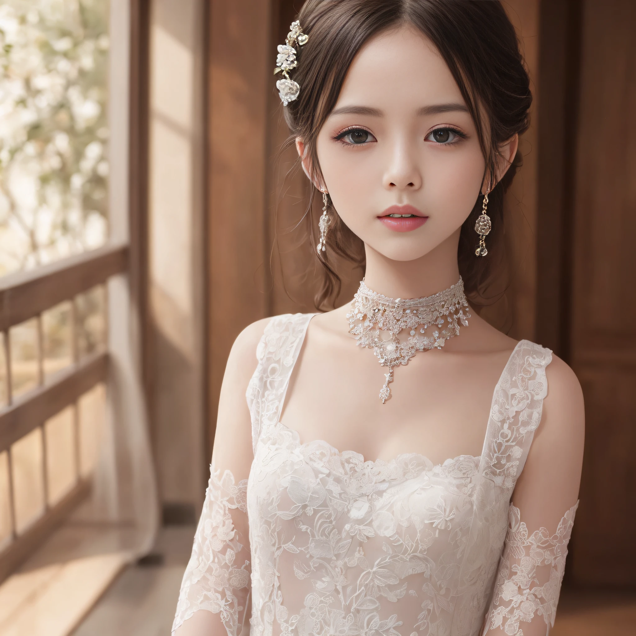 best qualtiy， tmasterpiece， A high resolution， 1girll，Chinese wedding dress，hair adornments，choker necklace，jewely，beauitful face，after sexing_Body，Tyndall effect，realisticlying，Dark Studio，edge lit，twotonelighting，（highdetailskin：1.2），8K, Ultra HD，，gentle illumination，high high quality，Volumetriclighting，Frankness，photore，A high resolution，4K，8K，Bokeh