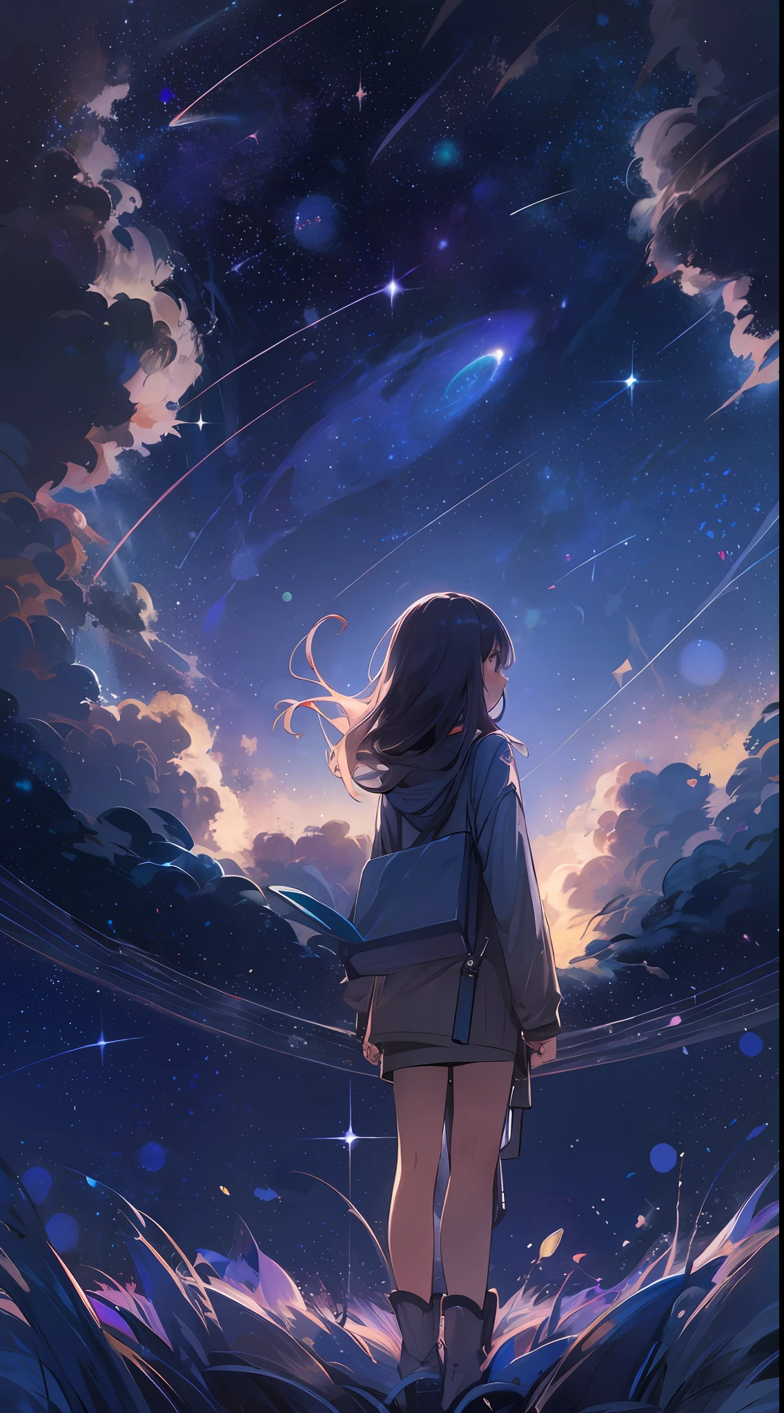 1girl, long hair, looking at the sky, starry sky, stars, bright night, galaxies, planets
