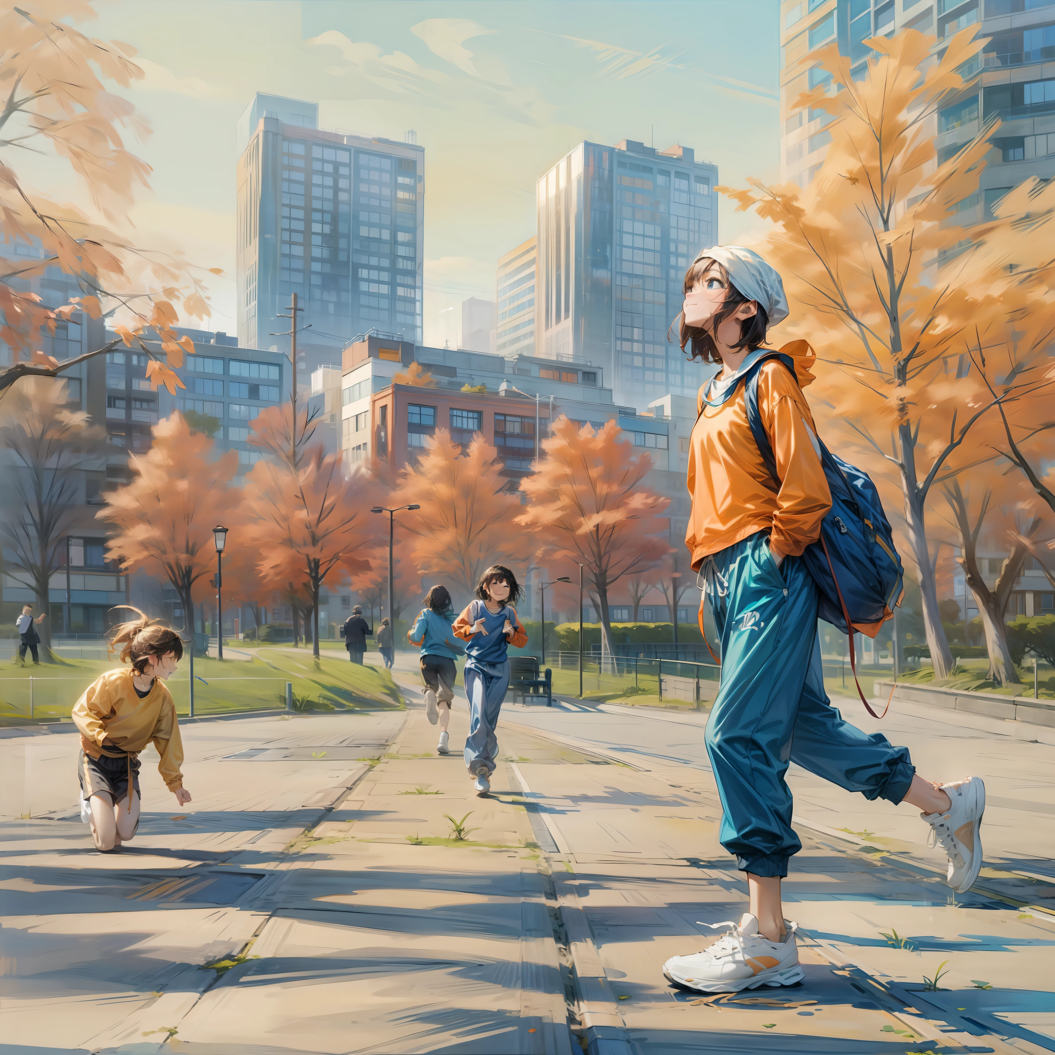 As the sky begins to turn slightly orange、Trees swaying in the wind running through a park in the city center々。In the center of the park is、An artificial creek flows、Benches are placed around it.。Mika jogs here in the morning as a daily routine.、She is dressed in blue jogging clothes、Run rhythmically to the music coming from the earbuds。en route、She is familiar with old ladies on walks and、Yoga group、Make eye contact with a man who enjoys reading、Greetings with a smile。Behind each、The silhouette of an urban building group emerges。