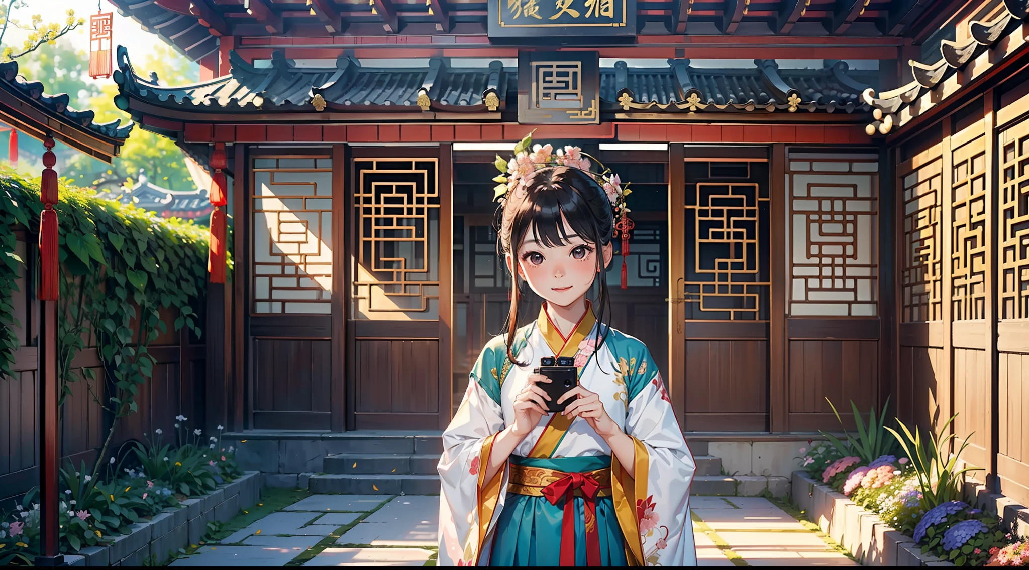 In a picturesque courtyard surrounded by a traditional Chinese quadrangle house, a young boy wearing a beautiful Hanfu attire beams with a captivating smile. (traditional Hanfu:1.2), (exquisite fabric and design:1.3), (vivid color scheme:1.1), (authentic quadrangle house:1.1), (serene and peaceful courtyard atmosphere:1.1), (soft sunlight filtering through the ancient architecture:1.2), (lush greenery and blooming flowers:1.1), (innocent and joyful expression:1.3), (capturing a moment of pure delight:1.2), (evoking a sense of traditional Chinese charm:1.1)