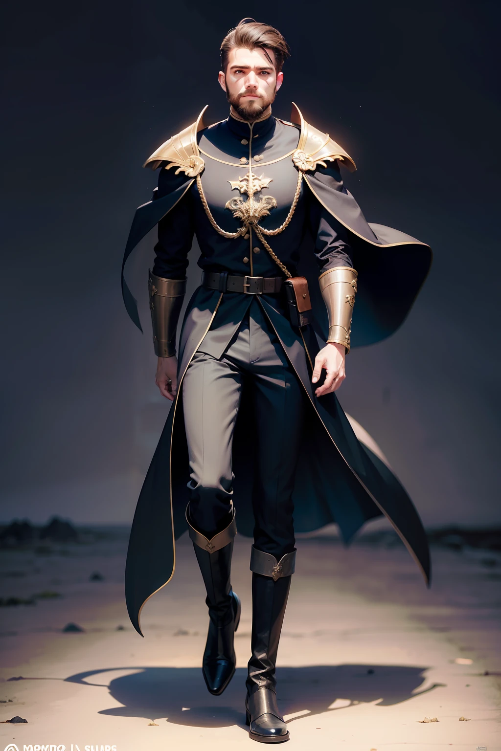 realista, homem jovem, magro, military hair cut, cabelo curto preto, short beard, fantasia, armaduras medievais pretas, roupas pretas, roupas medievais, Slacks, botas, corpo todo, nevoa negra ao fundo