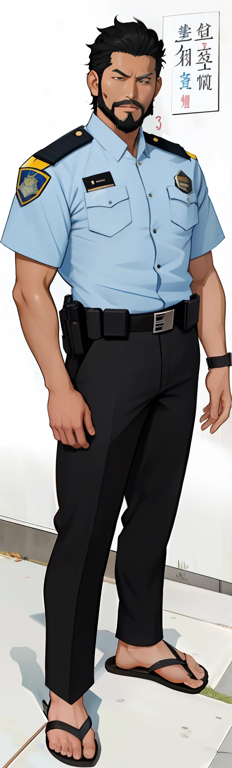 Cartoon image of man in sandals, , full body close-up shot, 「There is a police station in front of Kamei Park」Bad cop Kang Tongjin, Short black hair, Beard, Strong