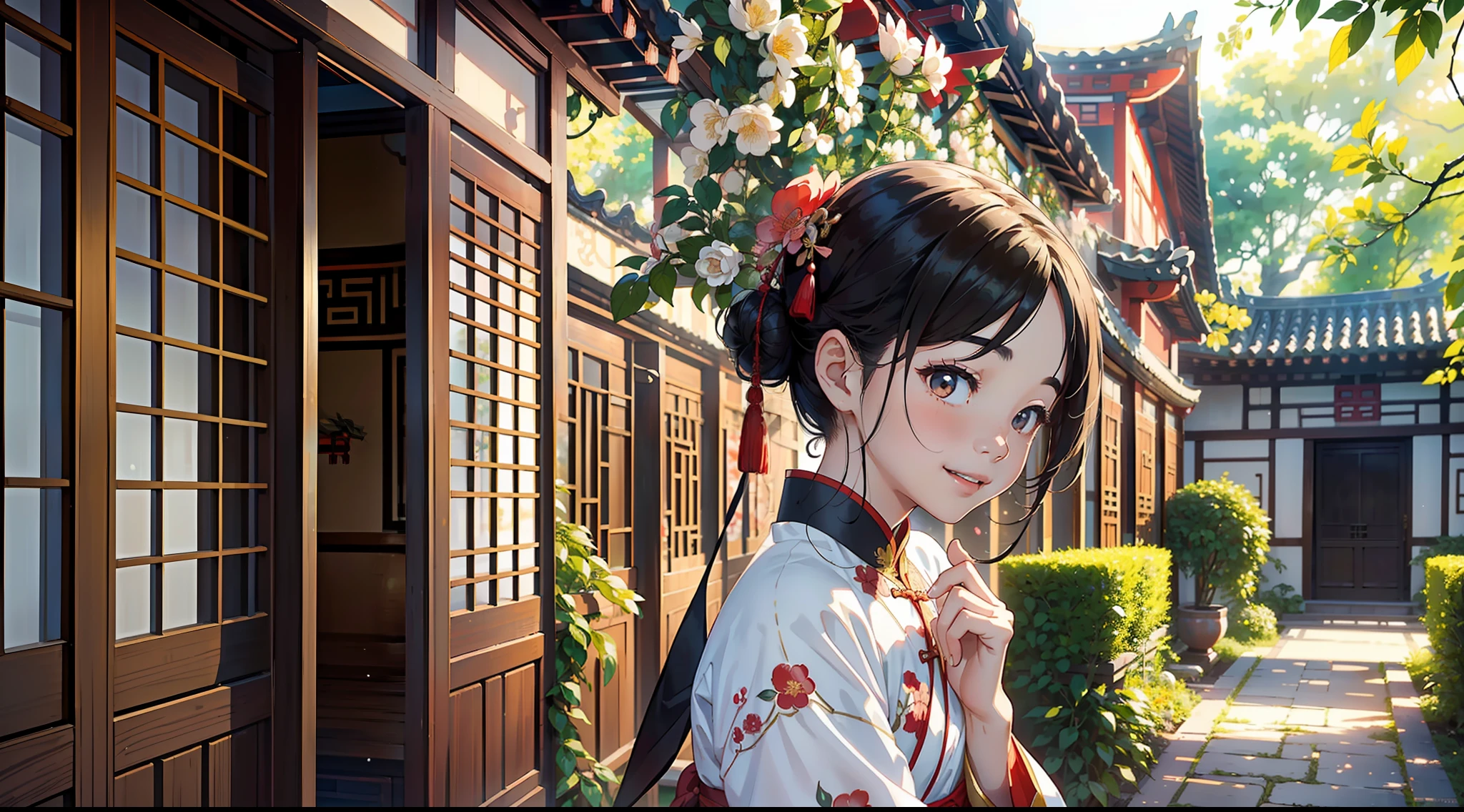 In a picturesque courtyard surrounded by a traditional Chinese quadrangle house, a young boy wearing a beautiful Hanfu attire beams with a captivating smile. (traditional Hanfu:1.2), (exquisite fabric and design:1.3), (vivid color scheme:1.1), (authentic quadrangle house:1.1), (serene and peaceful courtyard atmosphere:1.1), (soft sunlight filtering through the ancient architecture:1.2), (lush greenery and blooming flowers:1.1), (innocent and joyful expression:1.3), (capturing a moment of pure delight:1.2), (evoking a sense of traditional Chinese charm:1.1)