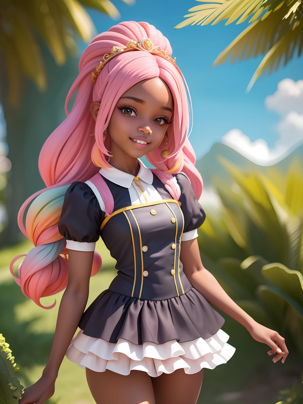 (obra-prima), (melhor qualidade), (ultra-detalhado), (corpo inteiro: 1.2), mulher negra, adolescente, universo de fantasia, vestido leve e detalhado, sorriso claro, corpo inteiro, :3, roupas afro, princesa, cabelo multicolorido, fundo tom pastel e simples.