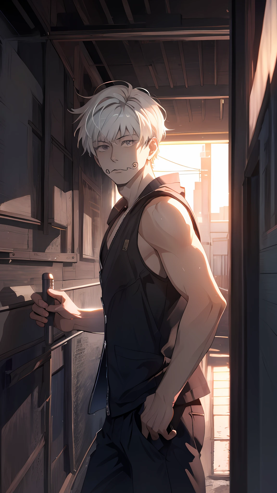 (absurdres, highres, ultra detailed, HDR), masterpiece, best quality, 1man, solo, handsome, short hair, inumaki toge, facial tattoo, white hair, bare chest, black pants, closed mouth