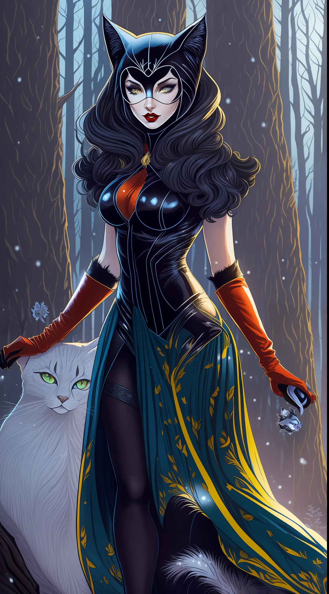 Catwoman and Snow White Fusion, Full Body, Sensual Body, Costume with dress, Details with black blue and yellow, Cat ears, Pointed cat claws, red lipstick, glowing eyes in the shadows, Forest with hut in the background, Realistic, hyperdetailed, Ultra HD,8K