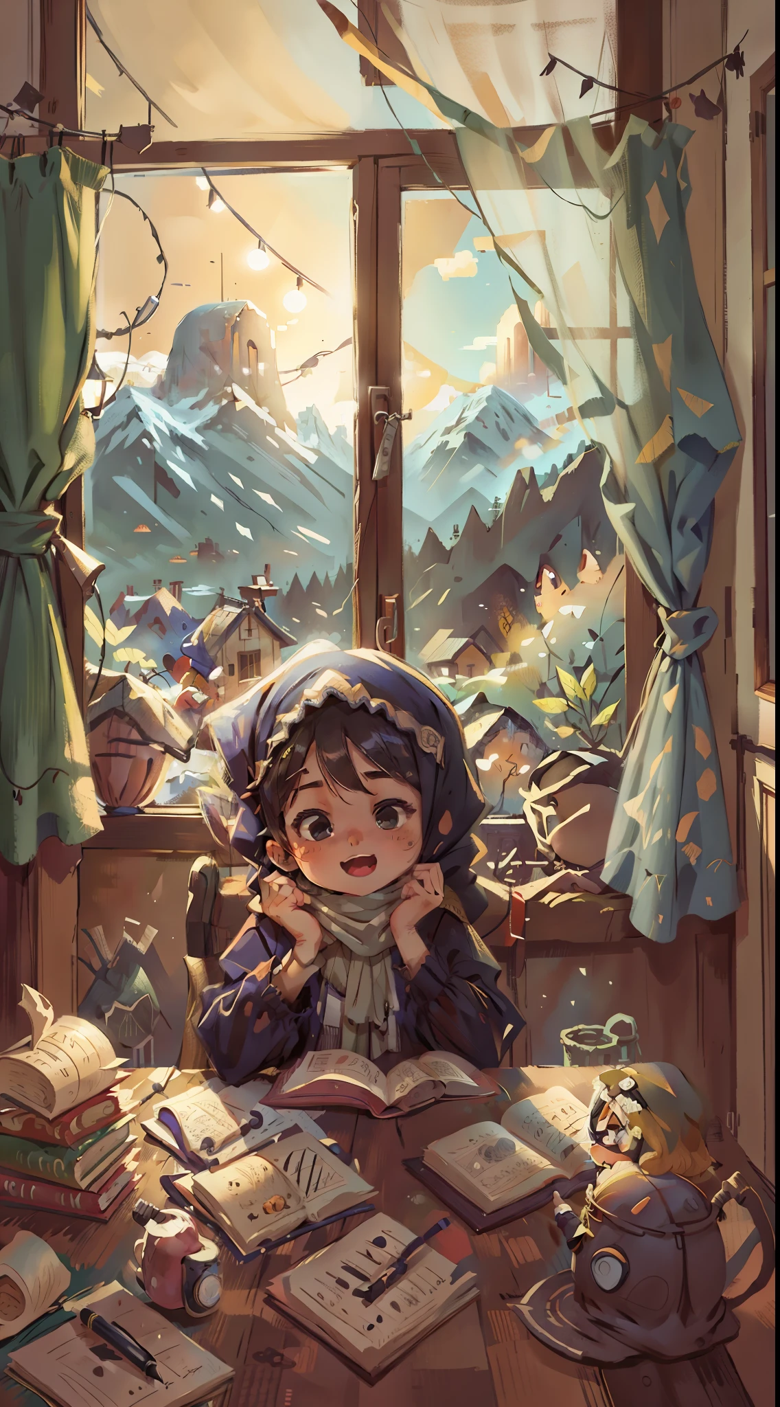 Hijab girl study at her bedroom, happy, big window show a hill and mountain, nature