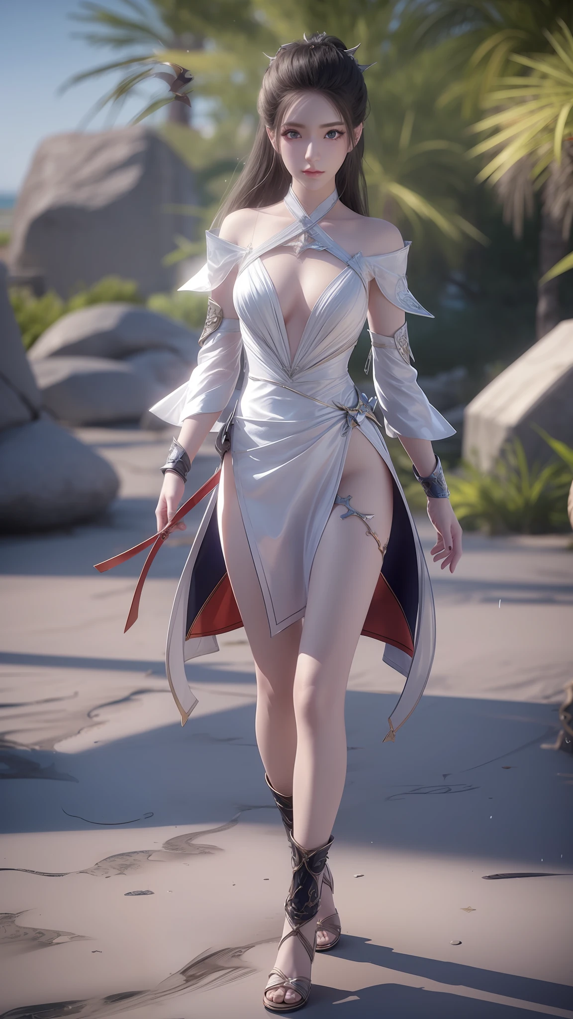 Anime girl in white dress walking on beach, Inspired by 3D renderings by Cynthia Shepard, Trend of CGsociety, Fantasy art, fantasyoutfit, fantasy style clothing, 3 D rendering character art 8 K, realistic fantasy rendering, stuning fantasy 3 d render, wearing fantasy clothing, render of a cute 3d anime girl, 8K high quality detailed art