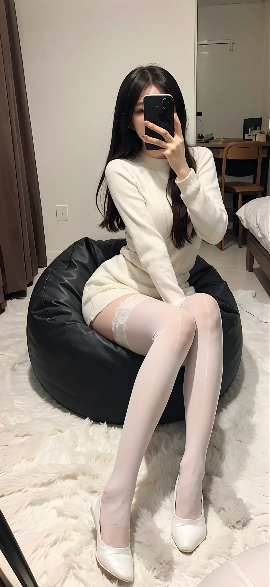There was a woman, Arakfi, sitting on a bean bag，，Take a selfie with your phone in the mirror，Holding a teddy bear in his hand, anime barbie in white stockings, White Cat Girl, Full length and white stockings, Anime girl in real life, very beautiful cute catgirl, kerli koiv as anime girl, Anime girl cosplay, Wearing white tights, sitting in her room, sitting on her bed, White tights, White stockings