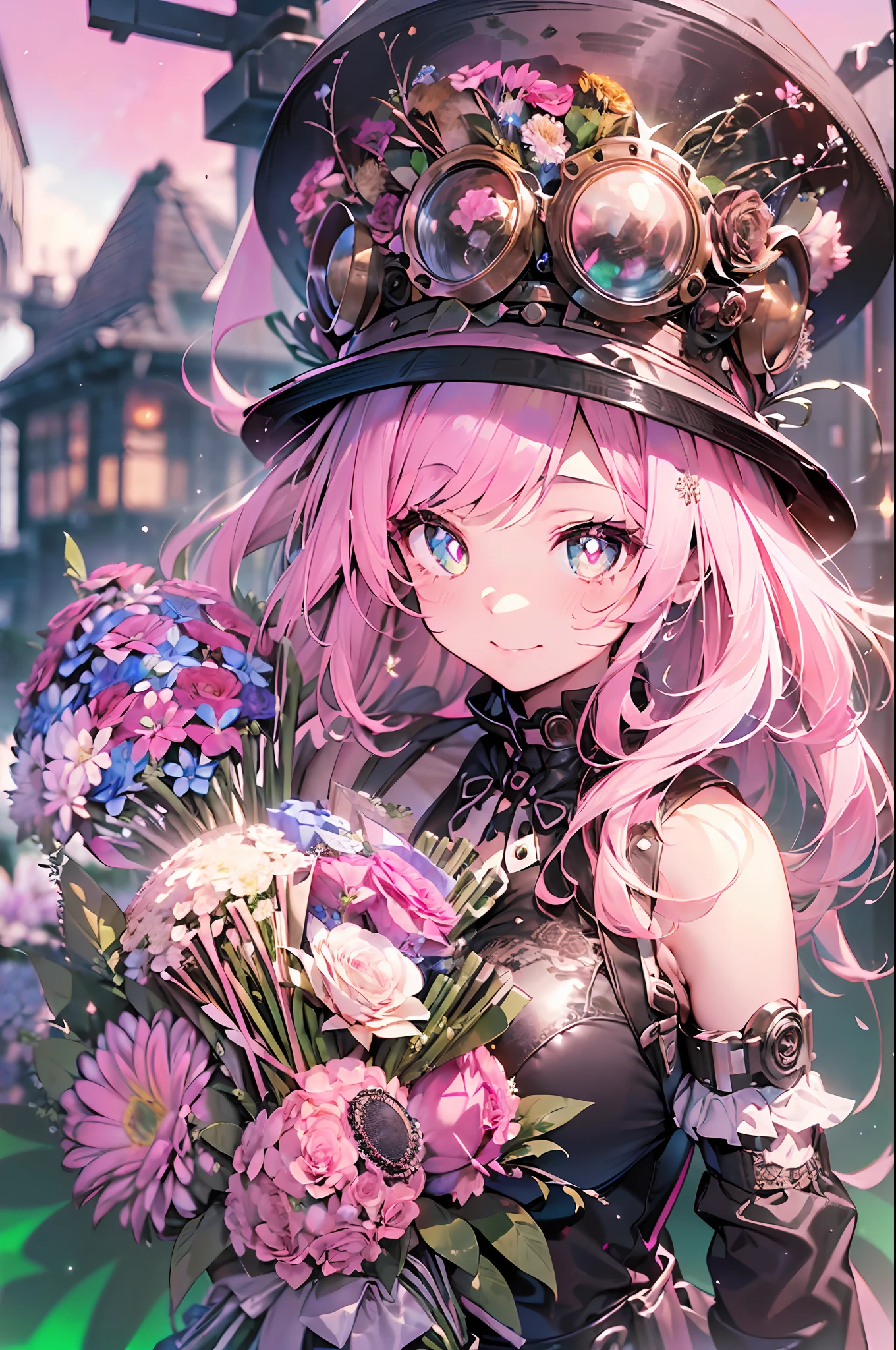 Steampunk style:2.gear、Steam engines、(hand over a bouquet:2)((masutepiece))),((ultra-detailliert,Best Quality, hight resolution)), (1 girl)((Pink hair, Long hair,Straight hair,two side up)) (Green eyes),eyeshadows, eye line,gloweyes, ultradetailed eyes, intricate eyes, Beautiful eyes, ((Glowing pink pupils))18-year-old girl、frilld.Smile .Hourglass background、Big hourglass.((High contrast RGB effect, LED effect, Kaleidoscope effect, Shining Effect, Ripple Effect, Glitter RGB effect)) (Black background: 1.5)A smile