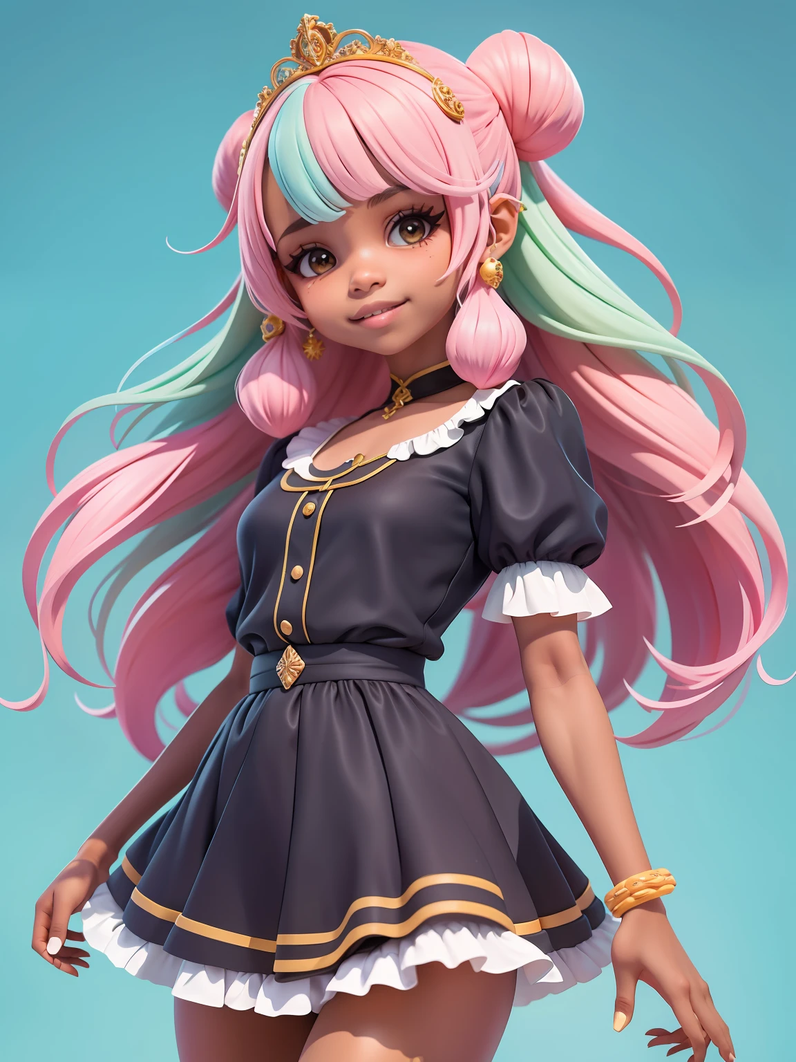 (obra-prima), (melhor qualidade), (ultra-detalhado), (corpo inteiro: 1.2), mulher negra, adolescente, universo de fantasia, vestido leve e detalhado, sorriso claro, corpo inteiro, :3, roupas afro, princesa, cabelo multicolorido, fundo tom pastel e simples.